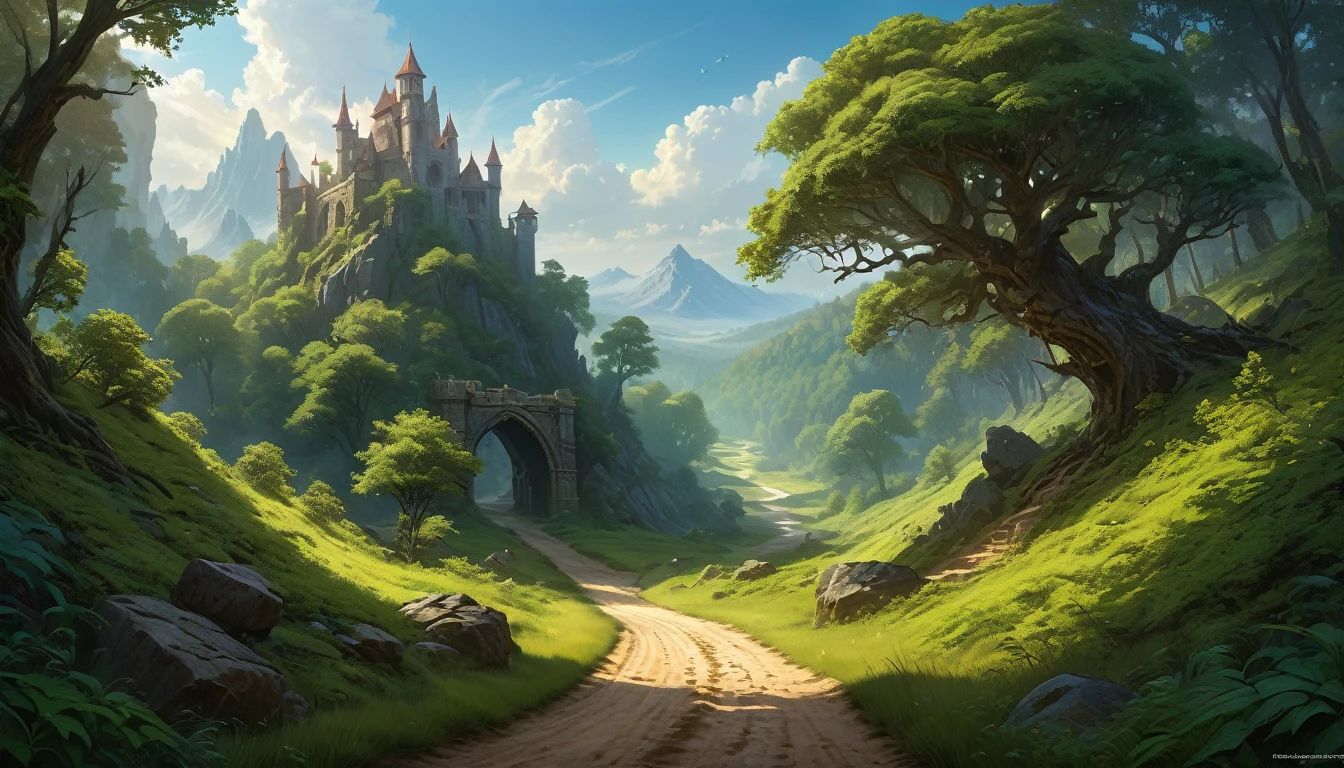 (by Greg Rutkowski: 1.2), (masterpiece, best quality, high resolution, highly detailed, depth of filed, HDR:1.2), extremely delicate and beautiful, illustration, pale colors, (fantasy landscape, from dungeon and dragons), A mesmerizing fantasy with enchanting elements blending seamlessly. (a dirt road lead to a forest, forest entrance, large bushes, small boulders scattered, mysterious, dark hue)