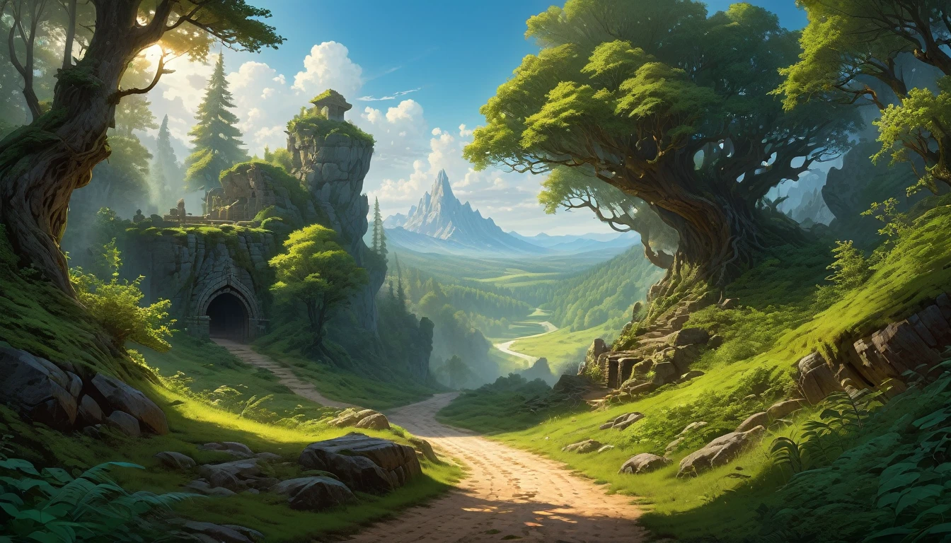 (by Greg Rutkowski: 1.2), (masterpiece, best quality, high resolution, highly detailed, depth of filed, HDR:1.2), extremely delicate and beautiful, illustration, pale colors, (fantasy landscape, from dungeon and dragons), A mesmerizing fantasy with enchanting elements blending seamlessly. (a dirt road lead to a forest, forest entrance, large bushes, small boulders scattered, mysterious, dark hue)