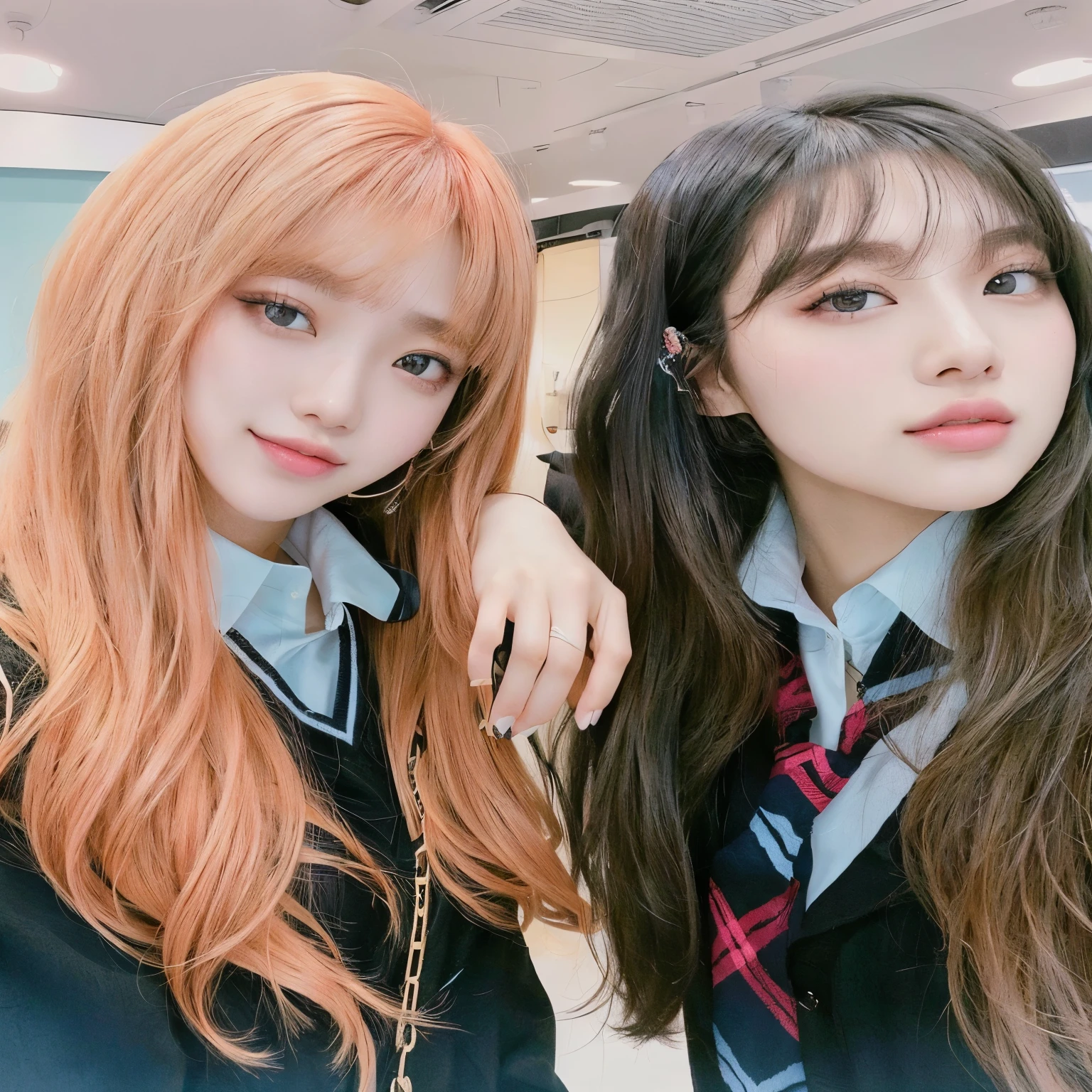 duas s com cabelos longos e uniformes escolares posando para uma foto, lalisa manobal, Ulzzang, Blackpink, lalisa manoban of Blackpink, jossi of Blackpink, Com franja, com franja completa, nixeu e sakimichan, long hair com franja completa, long hair Com franja, neat hair Com franja, chaeyoung, rose, red hair