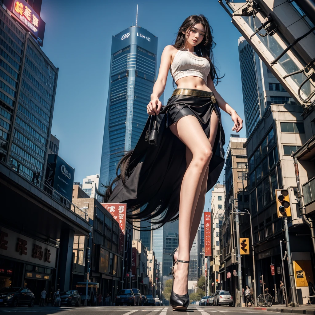 Ground View,giantesscity,giant girl 50 feet high,Have a pair of ultra long legs,stepping in the crowd,many people in street,a pair of huge breasts,Princess,mini skirt,black silk socks,Has black waist-length hair,Wearing a pair of Mary Jane heels,A look of enjoyment,standing on a ruins,Beautiful appearance,Exquisite makeup,quality,8k,High quality,Perfect proportion, Cinema lighting,film grain,Fuji colors,8k,textured skin,Super details,high detail,high quality,high resolution,explode,fake smile