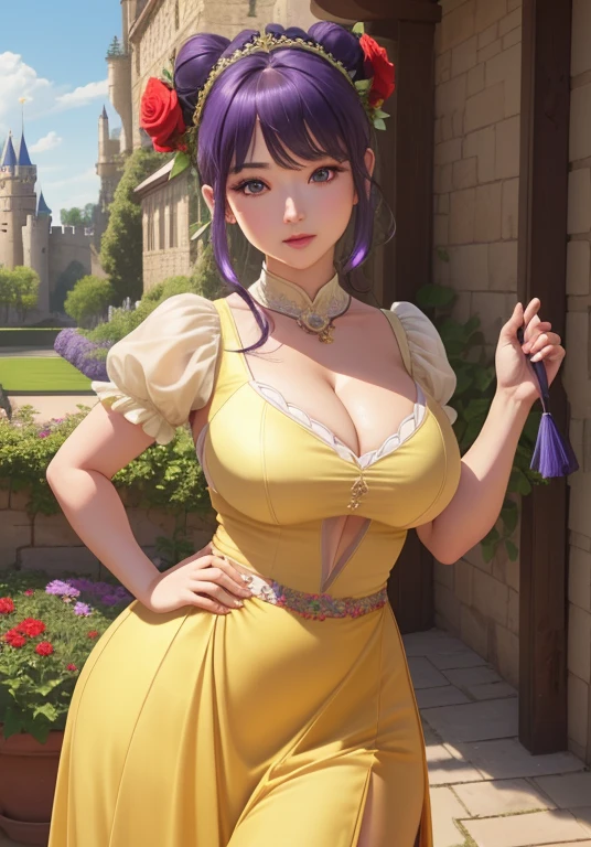 (Beauty Weifu:1), surprise, beautiful pose, Looking at the audience, Thick thighs, (Long skirt:1.2), (Hair Bun, Headdress) :D, curved, (Holding a red rose:1), (((Large Breasts)))Breast sagging、Low-cut(((Cleavage )))、(((Wide hips,)))(((Hourglass figure)))((Long legs))
(Practical: 1.2), (realism), (masterpiece: 1.2), (best quality), (Super detailed), (8K, 4k, Wheels within wheels), (full-body shot: 1), (Cowboy Shoots the Ball: 1.2), (85 mm), Light Particles, light, (Very detailed: 1.2), (Delicate face: 1.2), (Gradient), SFW, rich and colorful, (delicate eyes: 1.2),
(Detailed landscape, garden, plant, castle: 1.2), (Detailed background), Detailed landscape, (Dynamic angle: 1.2), (Dynamic poses: 1.2), (Rule of Thirds_work: 1.3), (Course of action: 1.2), Wide-angle lens, sunlight, soil, Bangs, Purple Eyes,Dark blue hair