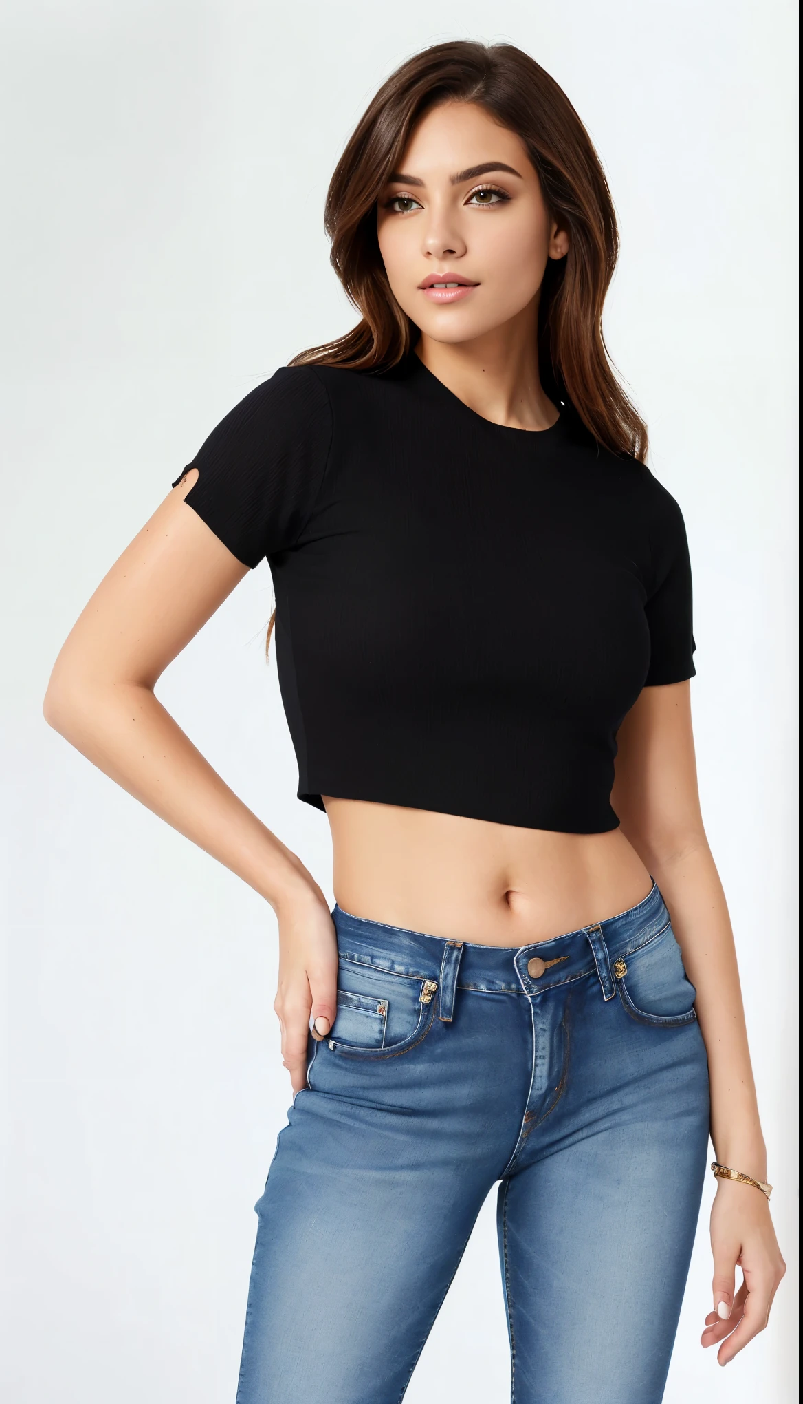 a woman in a blusa preta and jeans posing for a picture, com camiseta rasgada, blusa preta, usando um top cropped sexy, corte superior, vestindo um top cortados, vestindo um top cortado, vista frontal superior lateral, vestindo uma blusa preta cropped, foto oficial do produto, foto completa do produto, vestindo uma regata preta cortada, wearing corte superior