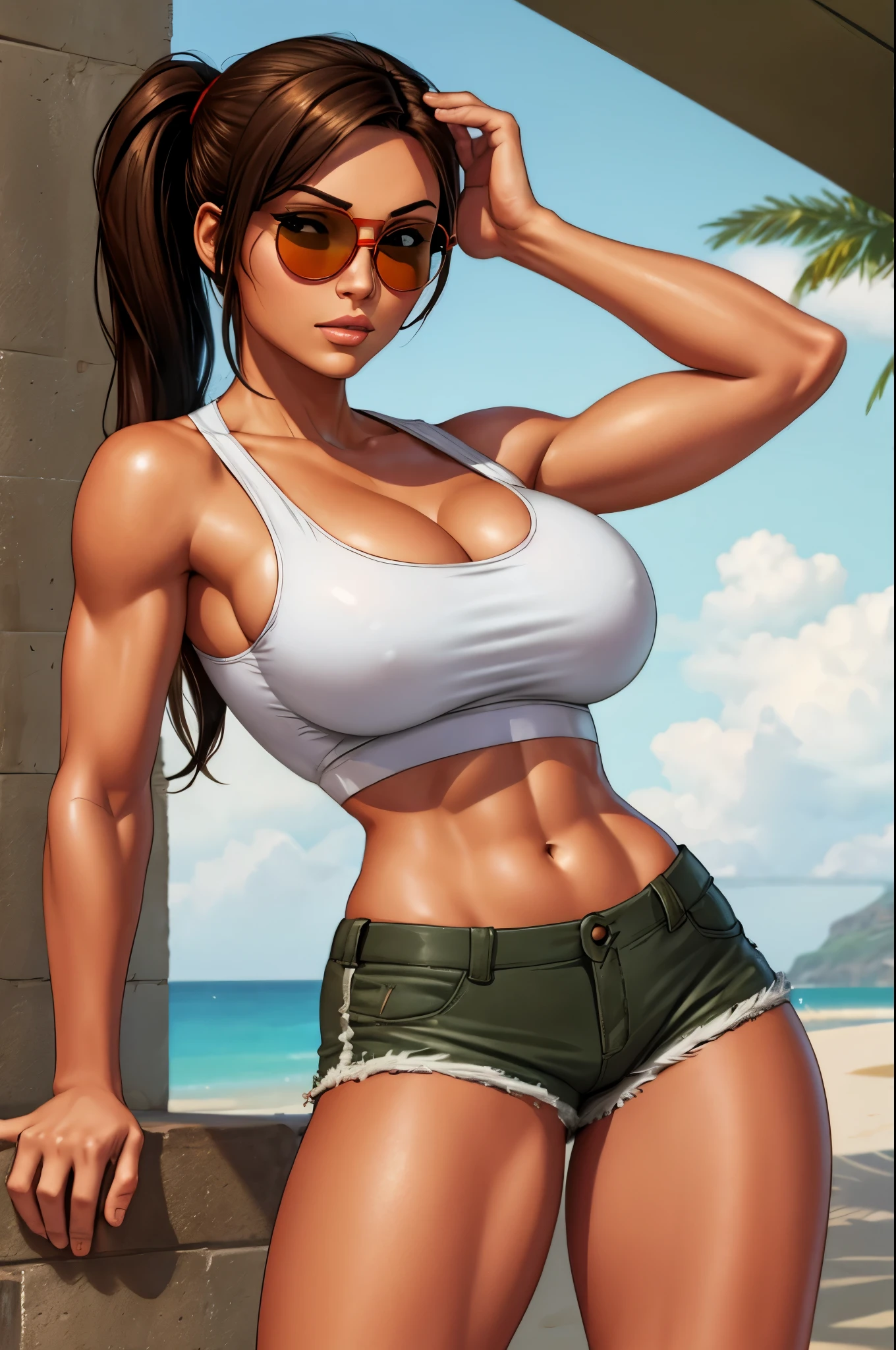 lara croft, white crop top, tan shorts, athletic, pony tail, round red sunglasses, round glasses