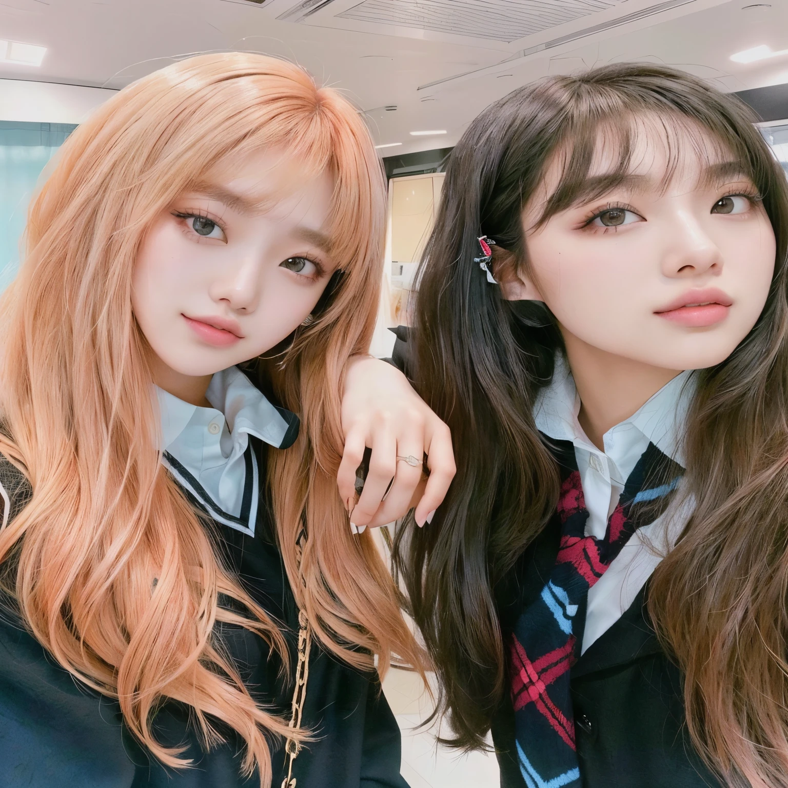 duas meninas com cabelos longos e uniformes escolares posando para uma foto, lalisa manobal, Ulzzang, Blackpink, lalisa manoban of Blackpink, jossi of Blackpink, Com franja, com franja completa, nixeu e sakimichan, long hair com franja completa, long hair Com franja, neat hair Com franja, chaeyoung, rose, red hair