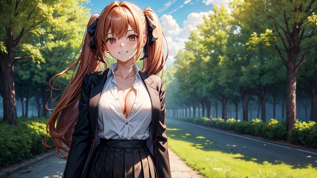 1girl, solo, summer, village, trees, sun, clouds, ((chestnutl hair)), long hair, twintail, large breasts, ((black blazer)), button down shirt, ((white shirt)), ((short sleeved shirt)), ((unbuttoned shirt)), unbuttoning buttons, cleavage 1:3, brown eyes, skirt, grin, looking at the viewer, standing, touching neck, hair ribbon, golden necklate