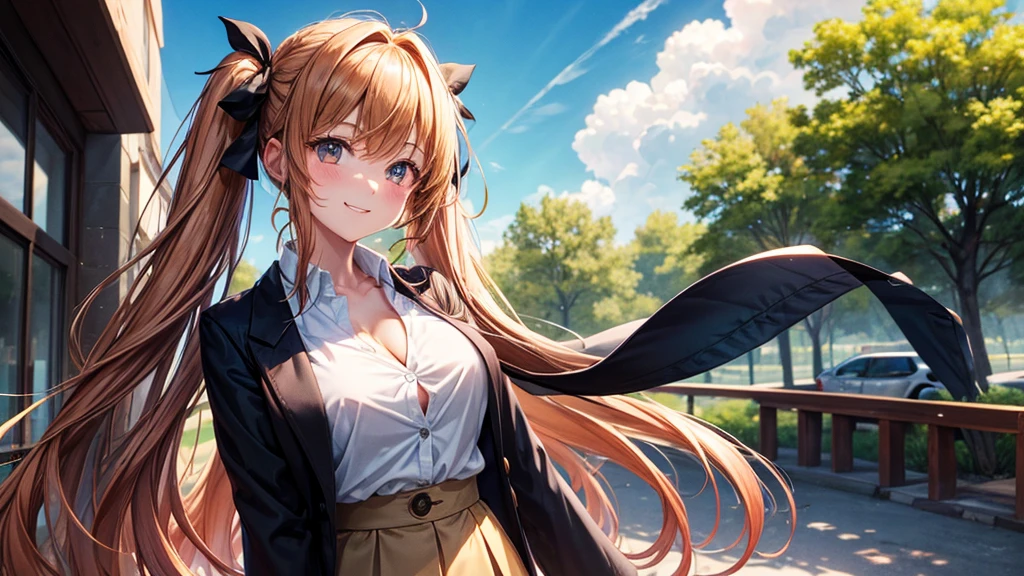 1girl, solo, summer, village, trees, sun, clouds, ((chestnutl hair)), long hair, twintail, large breasts, ((black blazer)), button down shirt, ((white shirt)), ((short sleeved shirt)), ((unbuttoned shirt)), unbuttoning buttons, cleavage 1:3, brown eyes, skirt, grin, looking at the viewer, standing, touching neck, hair ribbon, golden necklate