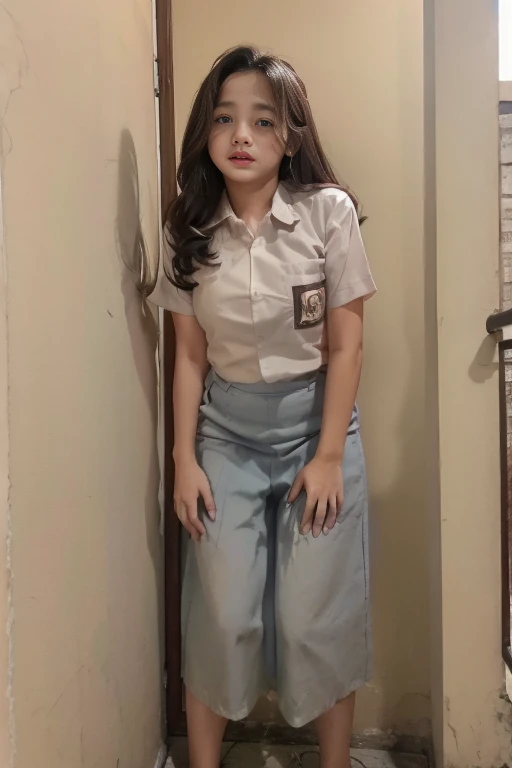 (pp clothes), (realistic), A girl sees the ghost and peed herself, standing in Alley, peeing herself on to skirt, peeing:1.3, urination:1.3, pee stain:1.2, pee puddle:1.1, view to viewer