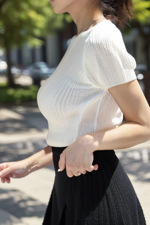 highest quality,masterpiece,Ultra-high resolution,(Actual:1.4),Original photo,Ultra-high resolution，8k，woman，Fair skin，(Short sleeve、Wearing a white summer knit、Tight clothing:1.4)，(Side view:1.3)、(slender、Large Breasts、busty),Long legs，Bright and beautiful、(Black Skirt、Wearing a long black skirt、deep v skirt、Body lines are emphasized、Has a deep slit:1.3)、Beautiful Skin、Smooth Skin、日本人woman、Anatomically correct、Beautiful breasts、(Age 25)、carrying a black shoulder bag、(Walking:1.2)、cute、munechira