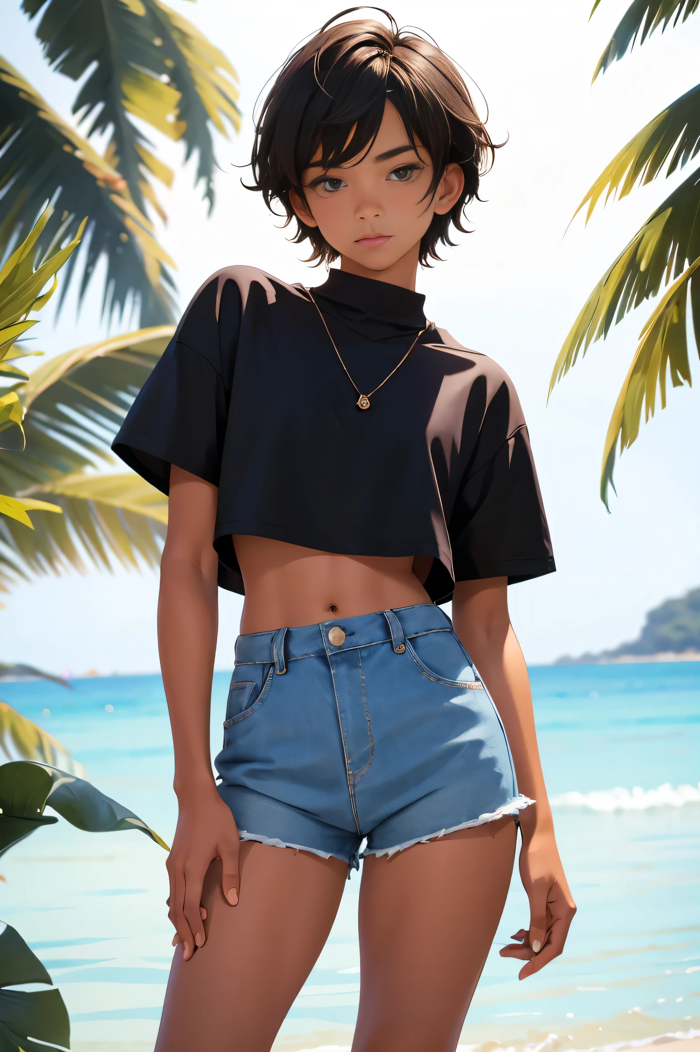 , beautiful teen boy is wearing apped shirt and too very much short mini shorts, the boy's legs are beautiful, tanned, bangs, flirty posing, hot summer, top quality,