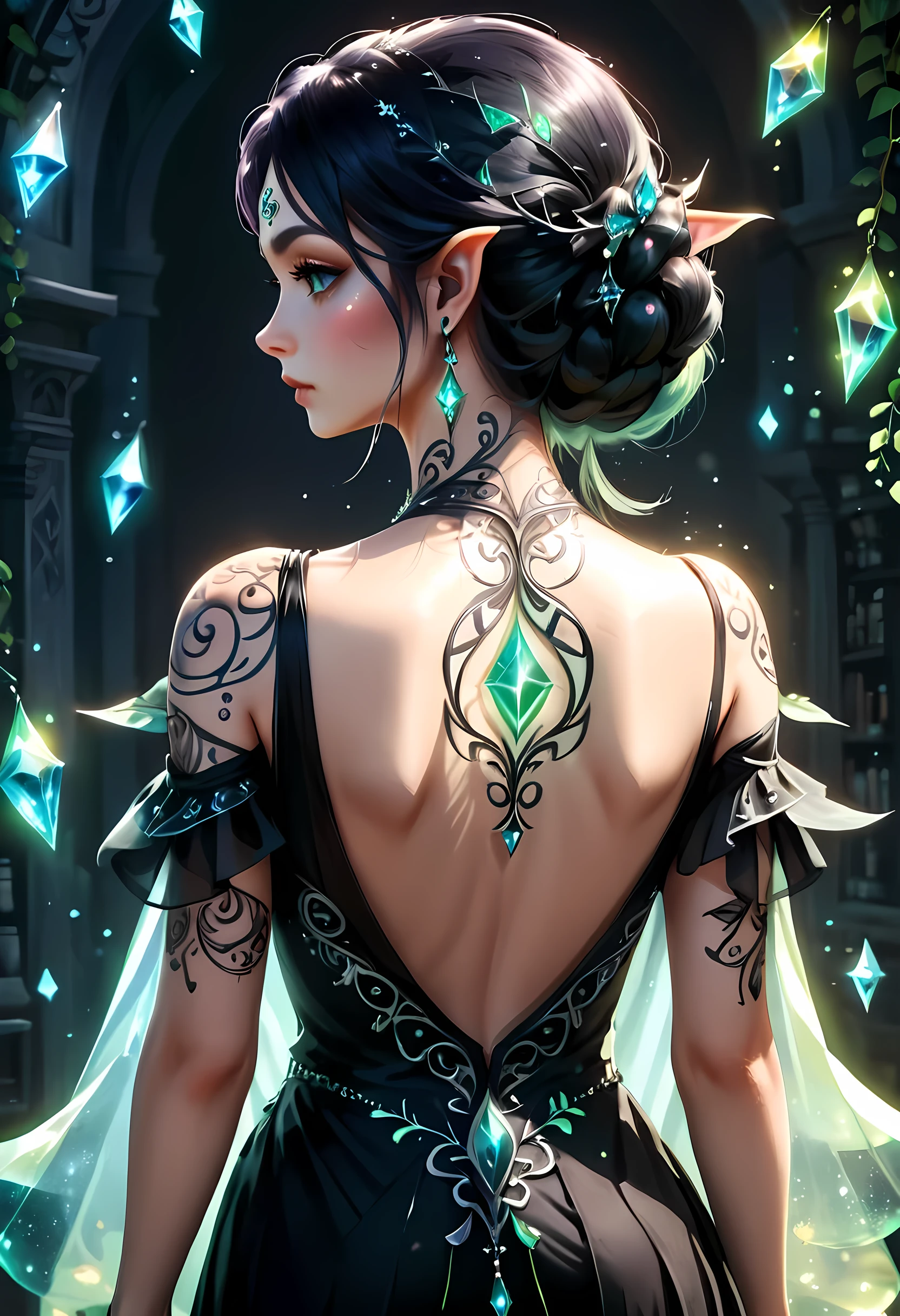 modisn disney, Arafed,  fantasy art, goth art, a picture of a tattoo on the back of a female elf, of  ((glowing: 1.3)) elven magical runes, intricate detailed coming to life,  AlchemyPunkAI, shoot taken from the back, ((the back is visible: 1.3), she wears a transparent black dress, the dress is elegant, flowing, elven style, that the tattoos glow, dynamic hair color, dynamic hair style, crystalline dress