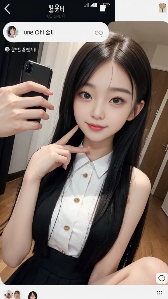(high quality), (NSFW:1.2), Split screen vertically, 1 girl and 1 man are dating online by exchanging own photos and messages using a smartphone chatting app, 18 years old, korean, long distance relationship, The text is written in English., they weared korean high school uniforms, whole body, Focus your eyes on your phone screen and be happy, Upload your photos to an online community using a smartphone app, Men are crazy about her posts online, just like cartoon cuts., They're sending her messages asking to chat, You are amused by their reactions, light makeup, slim figure, (girl weared thin and natural pantyhose : 1.9), (girl weared slim high_school uniform_pencil skirt and blouse : 1.6),(a man weared high school uniform_shirts and pants:1.5), (they weared school uniform_blazer and tie), separation of cuts, separation of scenes