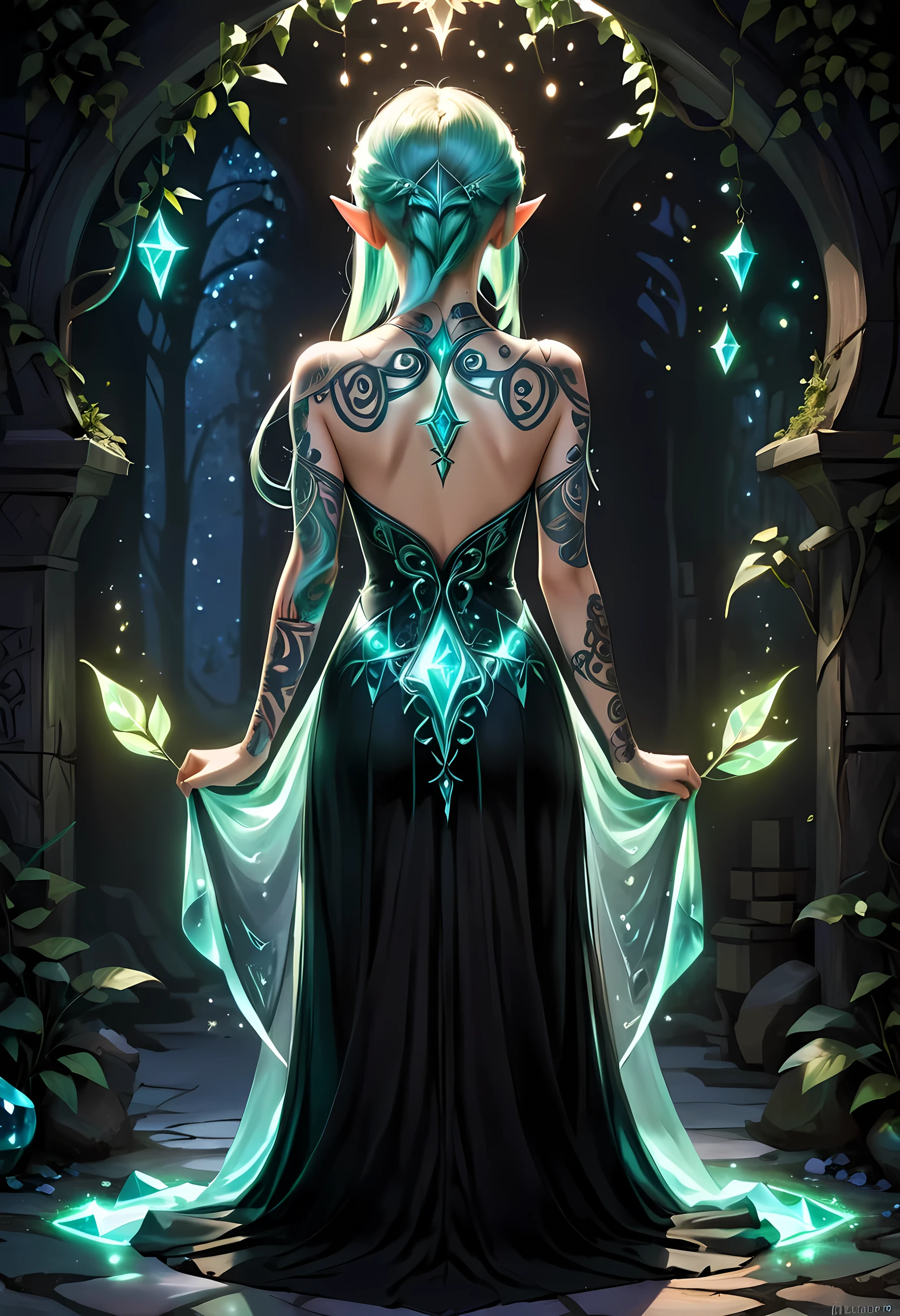 modisn disney, Arafed,  fantasy art, goth art, a picture of a tattoo on the back of a female elf, of  ((glowing: 1.3)) elven magical runes, intricate detailed coming to life,  FireMagicAI, shoot taken from the back, ((the back is visible: 1.3), she wears a transparent black dress, the dress is elegant, flowing, elven style, that the tattoos glow, dynamic hair color, dynamic hair style, crystalline dress