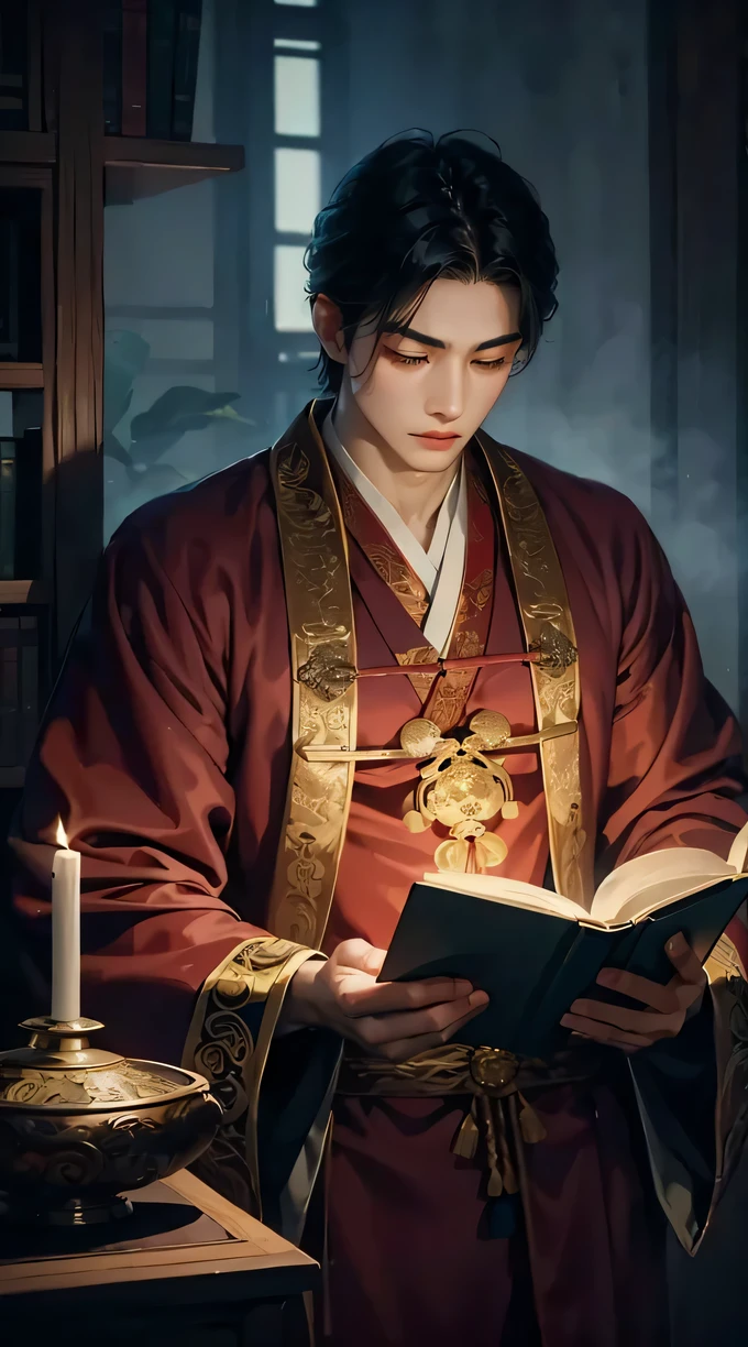 wide-shot, Illustration, young asian male((handsome, beautiful anatomy, detailed face, taoist robes, eyes closed)) reading a book, night-time, masterpiece, beautiful, hyper detailed, ultra intricate, 8k UHD, best quality,