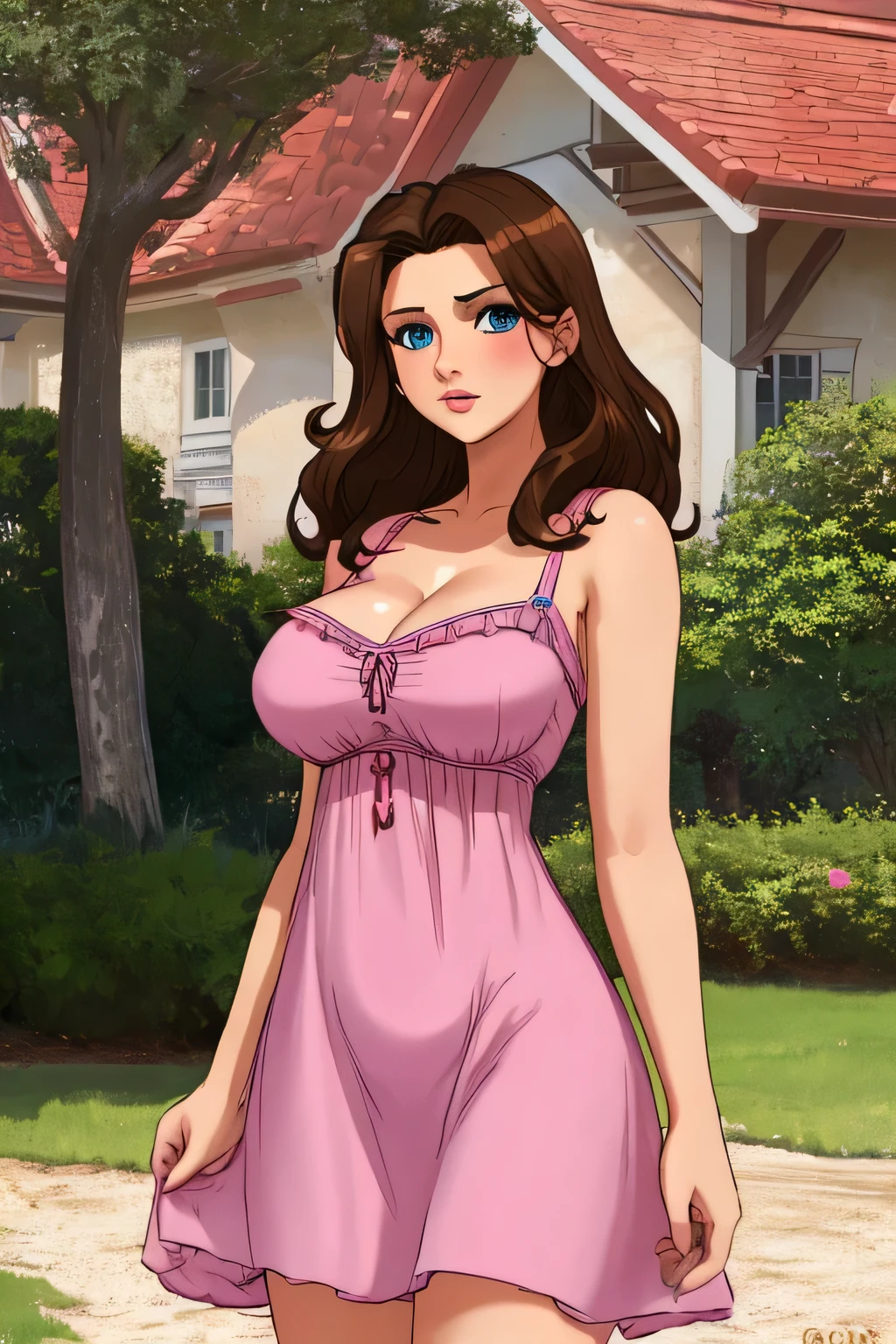 Brown haired, blue eyes ,big breast , revealing pink dress.