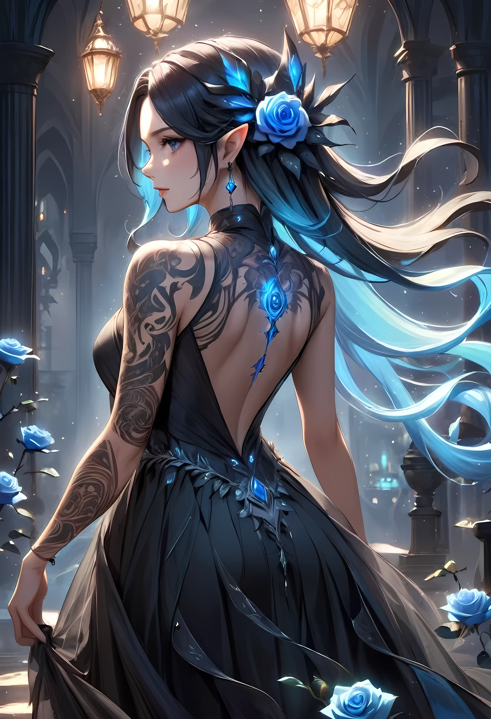 Arafed, Dark fantasy art, fantasy art, goth art, a picture of a tattoo on the back of a female elf, of glowing tattoo of a ((blue rose: 1.3)) the rose tattoo is vivid, intricate detailed coming to life rose from the ink to real life, AlchemyPunkAI, shoot taken from the back, ((the back is visible: 1.3), she wears a transparent black dress, the dress is elegant, flowing, elven style, that the tattoos glow, dynamic hair color, dynamic hair style, crystalline dress
