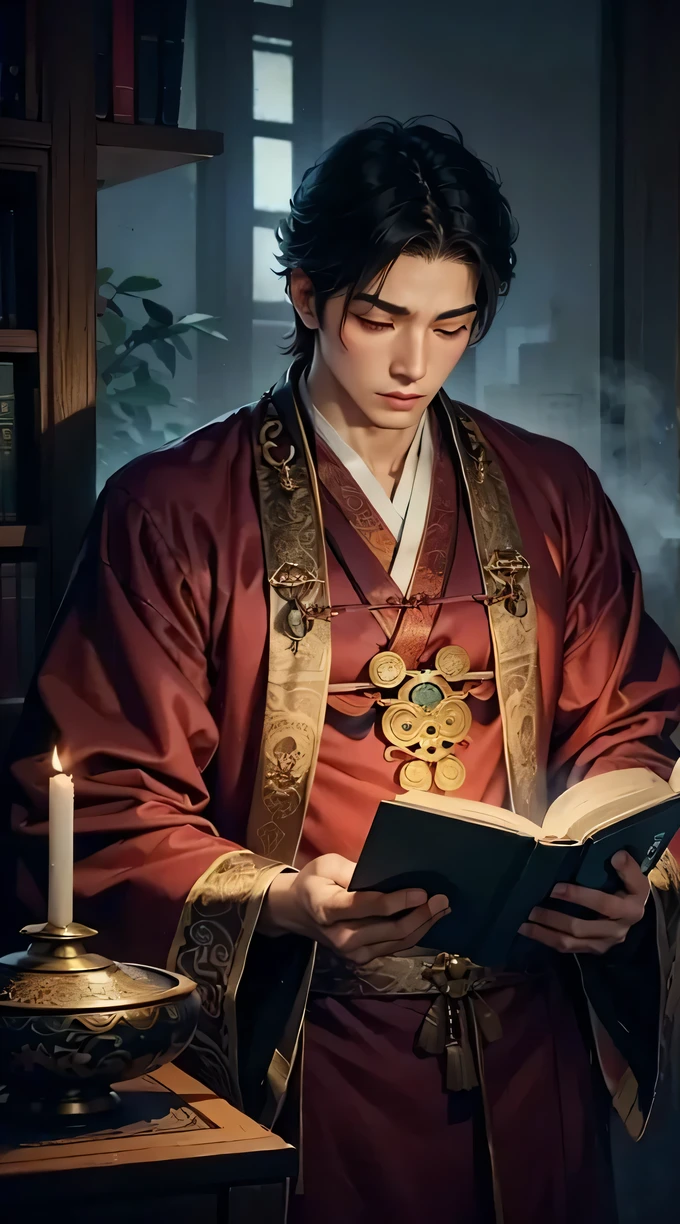 wide-shot, Illustration, young asian male((handsome, beautiful anatomy, detailed face, taoist robes, eyes closed)) reading a book, night-time, masterpiece, beautiful, hyper detailed, ultra intricate, 8k UHD, best quality,