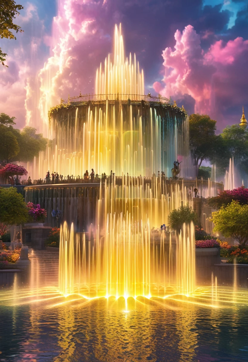Dancing water columns of musical fountain、Create a variety of patterns of light and water column combinations,Create a colorful scene,Detailed fantasy digital art,Highly detailed digital art in 4K,Fantasy Art Action,gorgeous、gold、high quality images