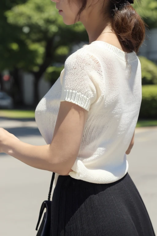 （((Plump woman, )))20-year-old, short black wavy hair、bangs、 cute smile、Are fat、A sloppy body that has not been trained、thick thighs、Big ass、((Pose that emphasizes the buttocks、looked back))、sexy big hips、、((((the wind blew my skirt, expose my panties...))))、(white panties)、(tilt your head a little)