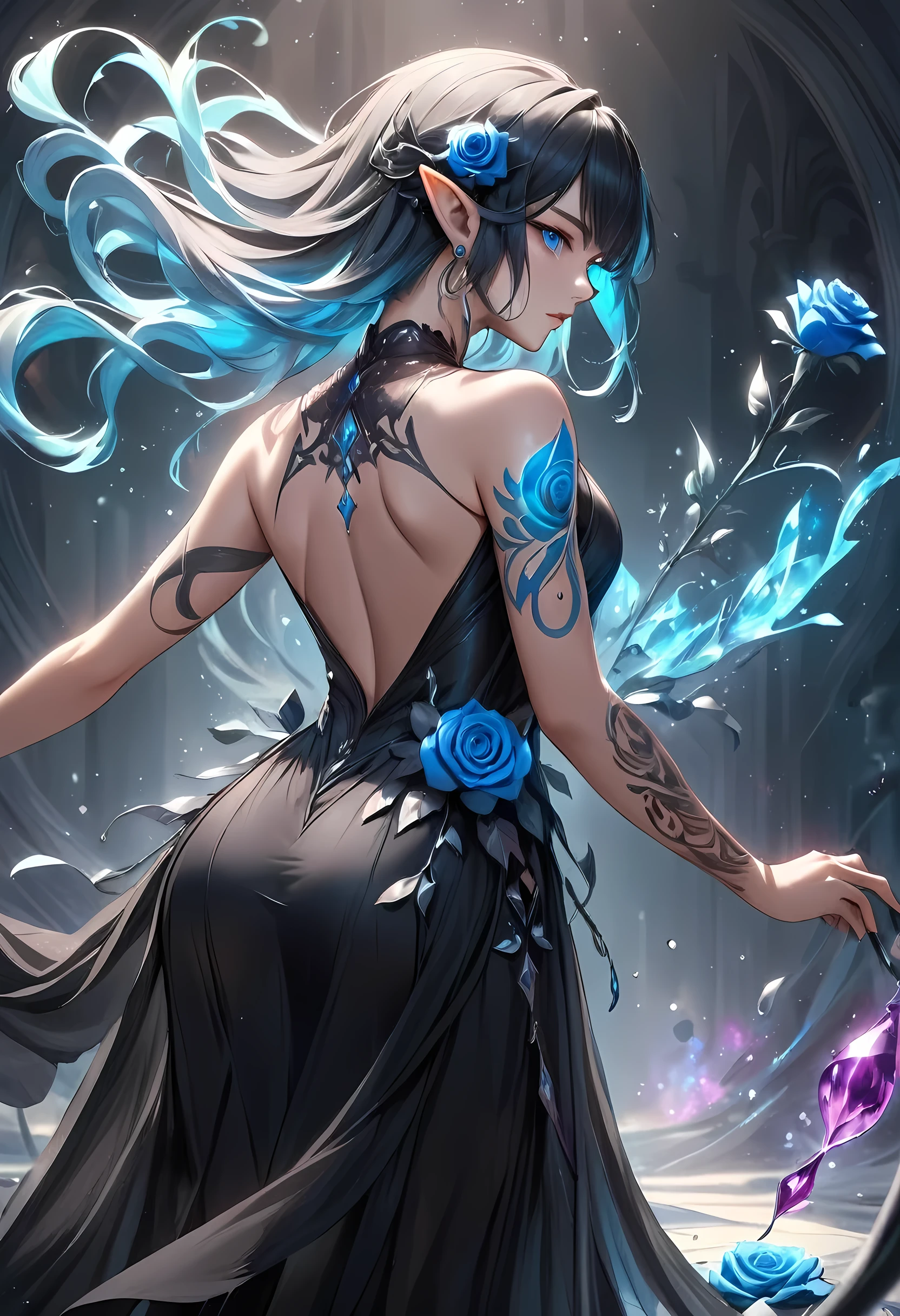 Arafed, Dark fantasy art, fantasy art, goth art, a picture of a tattoo on the back of a female elf,  of  glowing tattoo of a ((blue rose: 1.3)) the rose tattoo is vivid, intricate detailed coming to life rose from the ink to real life, AlchemyPunkAI, shoot taken from the back, ((the back is visible: 1.3), she wears a transparent  black dress, the dress is elegant, flowing, elven style, that the tattoos glow, dynamic hair color, dynamic hair style, crystalline dress