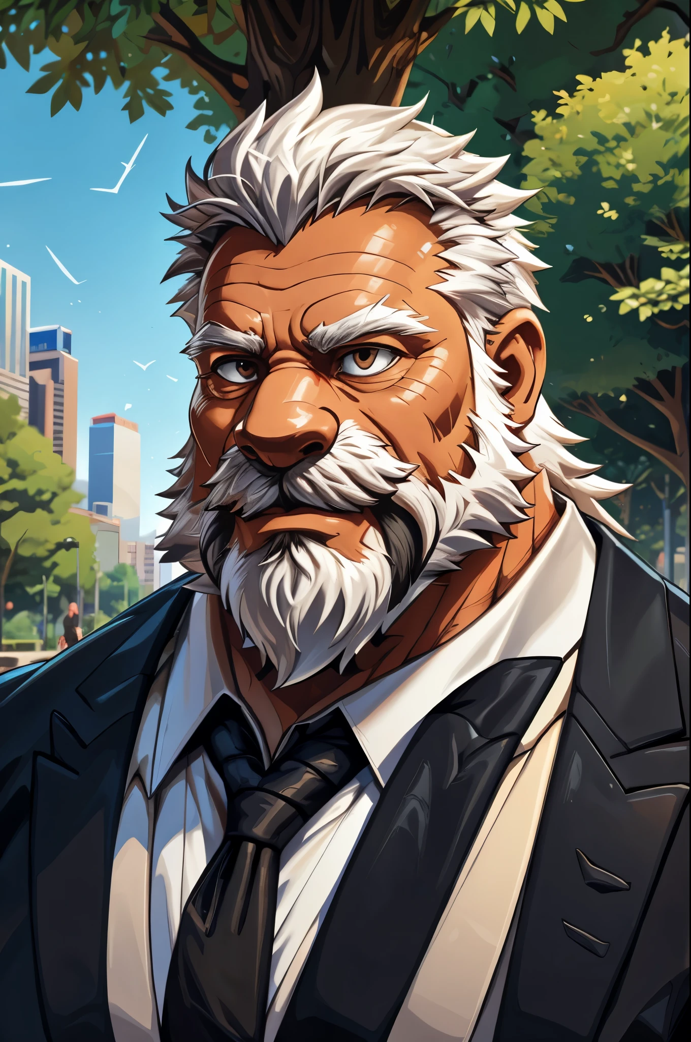 (vector:2.0, mwvector), portrait, muscular old man in park, beard, happy, summer, suits, detailed vector, high detail, half body, realistic, white hair
