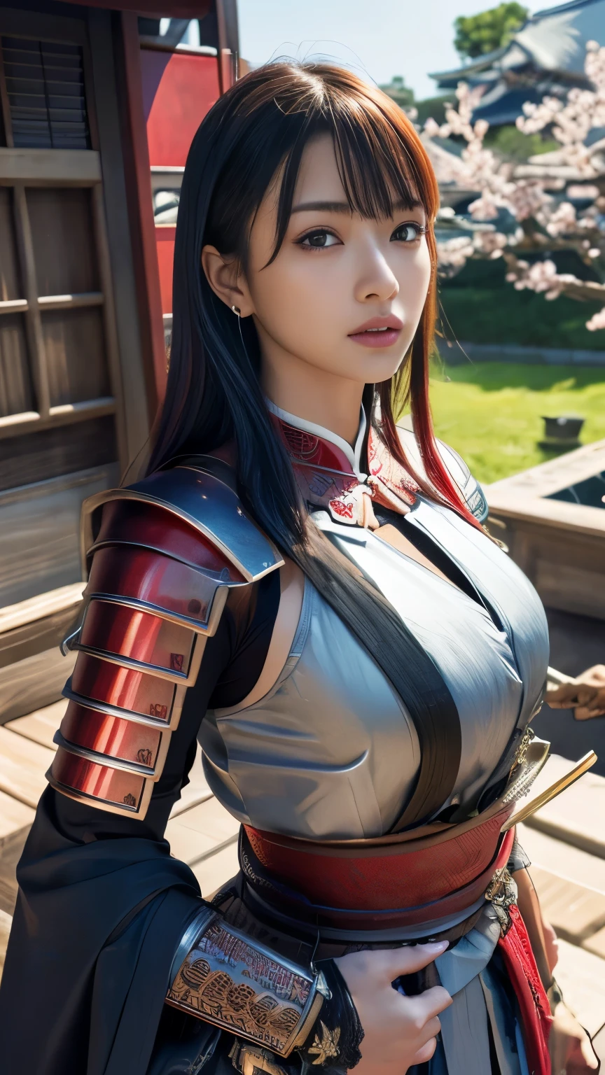 Realistic, Super detailed, High resolution, highest quality, Super detailedな,1 Female , Official Art, unity 8k wallpaper, Super detailed, beautiful and aesthetic, beautiful, masterpiece,( Super busty breasts:1.5,Small waist)、Glowing Skin,masterpiece, wonderful, Asian,Best Anatomy、  Ultra-realistic textured face and skin、Accurate anatomy、samurai、Red Armor、Blue gradient hair, Grey Eyes, Indifference, bangs,((samurai))、Japanese sword,full body armor, mesh、Facial details、Heavy eye makeup、Dynamic Pose、Dynamic Action、Dynamic Angle、Detailed Background、Cherry Blossom、Degrees of Freedom:1.3
