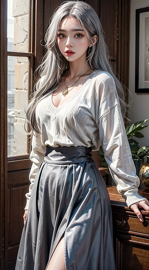 Realistic, High resolution, 1 female, Hip Up, Beautiful Eyes, Long Hair, The eyes are round, jewelry, tattoo, Gray Hair, sweater, Long skirt