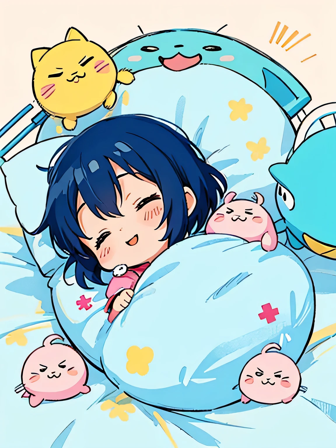 Fujio Akatsuka style, Kawaii Design, The most beautiful girl of all time、Chibi, Taking a nap、best smile, hospital bed