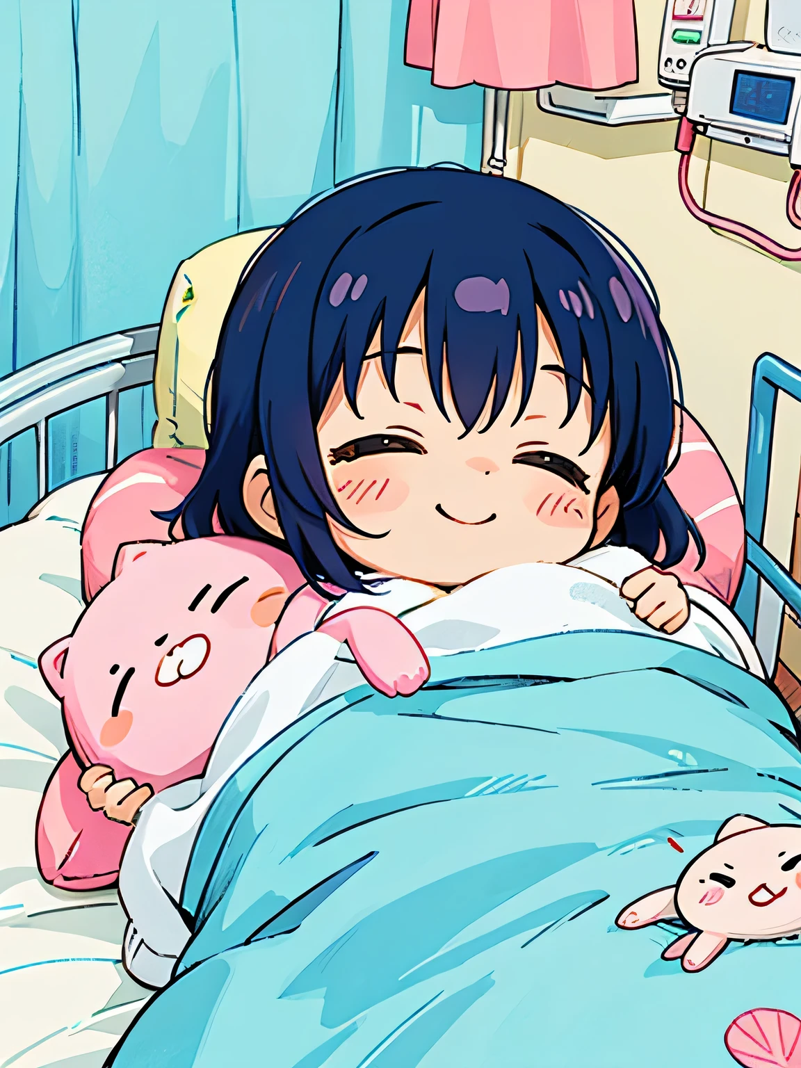 Fujio Akatsuka style, Kawaii Design, The most beautiful girl of all time、Chibi, Taking a nap、best smile, hospital bed