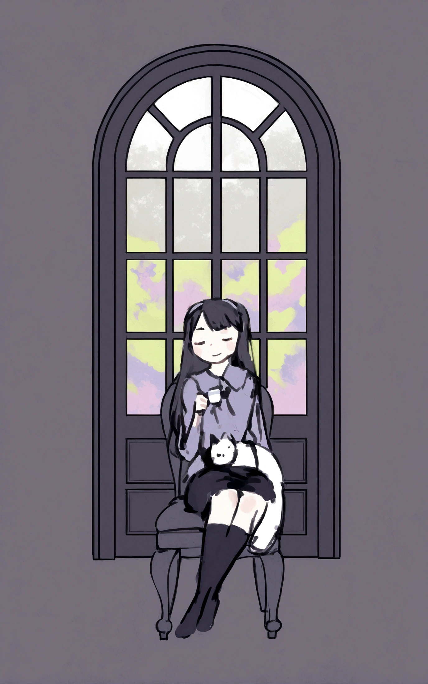 Girl sitting on chair、White cat、Oil painting、window