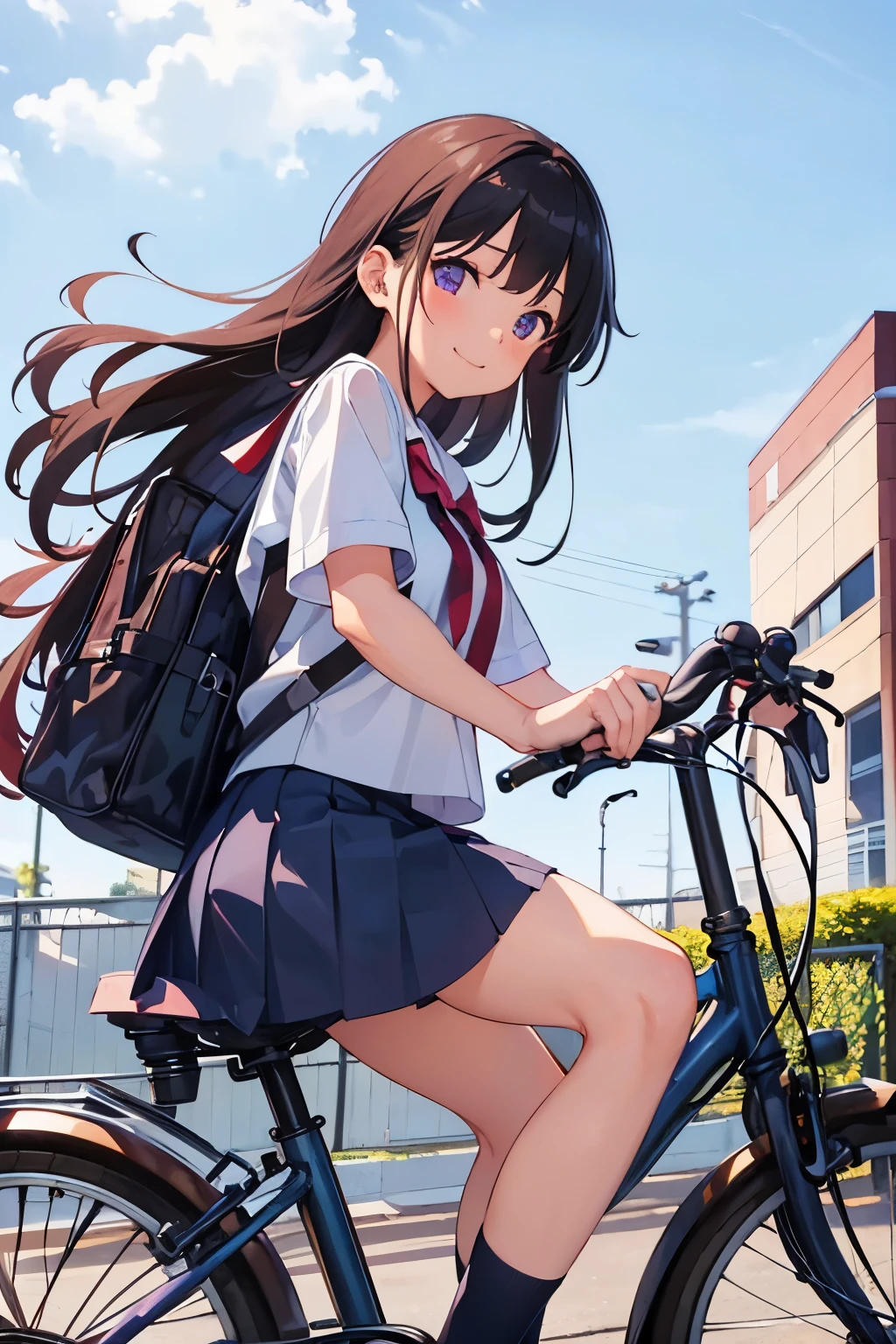 Elementary school girl, 8 years old, flat chest, black hair, long hair, purple eyes, smiling（one person） Upper body plain white T-shirt　Black mini skirt and white panties（（I can see her panties））White socks　sneakers　 Rural landscape　Riding a bicycle　Dynamic angle Low angle