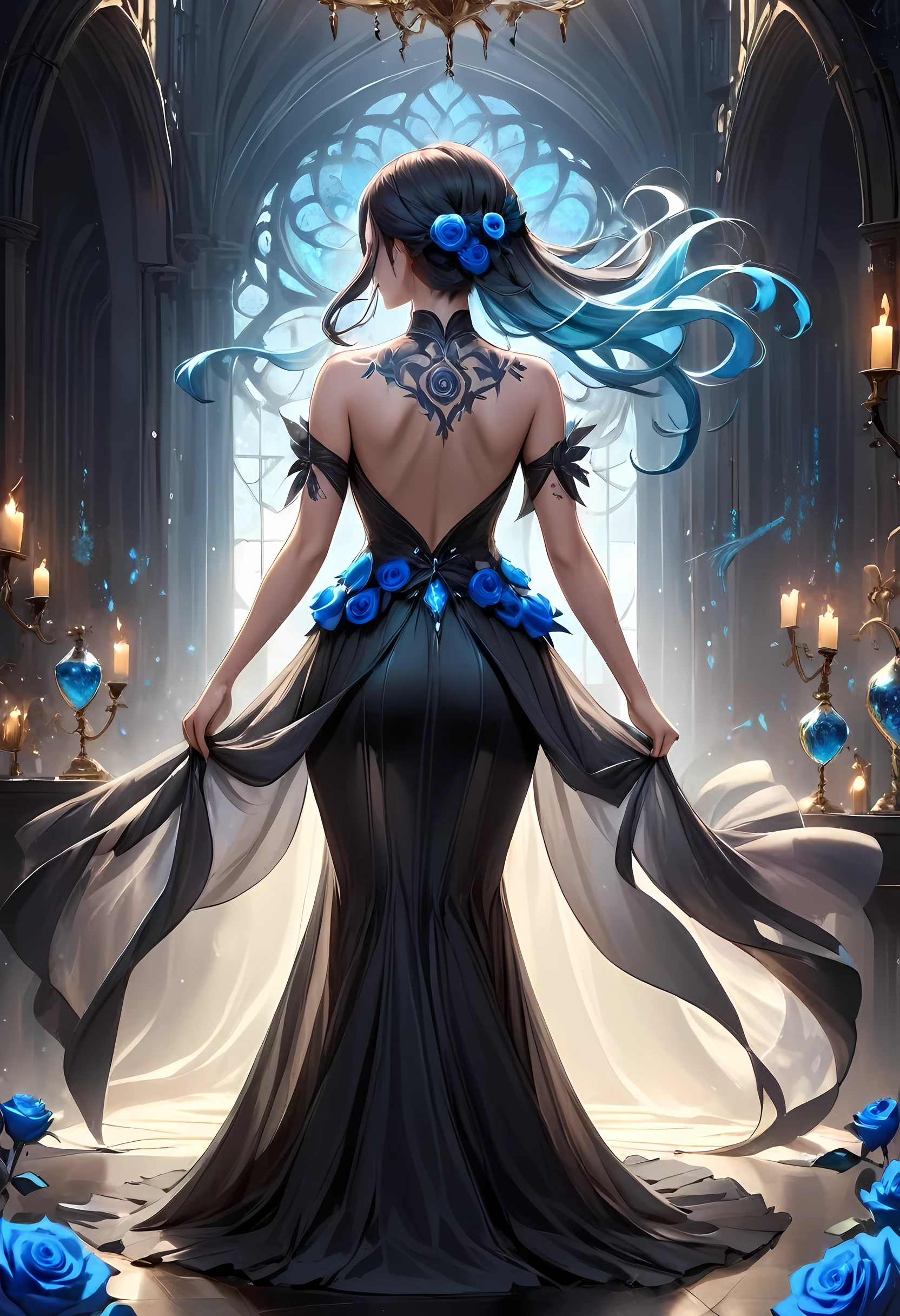 Arafed, Dark fantasy art, fantasy art, goth art, a picture of a tattoo on the back of a female elf,  of  glowing tattoo of a ((blue rose: 1.3)) the rose tattoo is vivid, intricate detailed coming to life rose from the ink to real life, AlchemyPunkAI, shoot taken from the back, ((the back is visible: 1.3), she wears a transparent  black dress, the dress is elegant, flowing, elven style, that the tattoos glow, dynamic hair color, dynamic hair style, crystalline dress