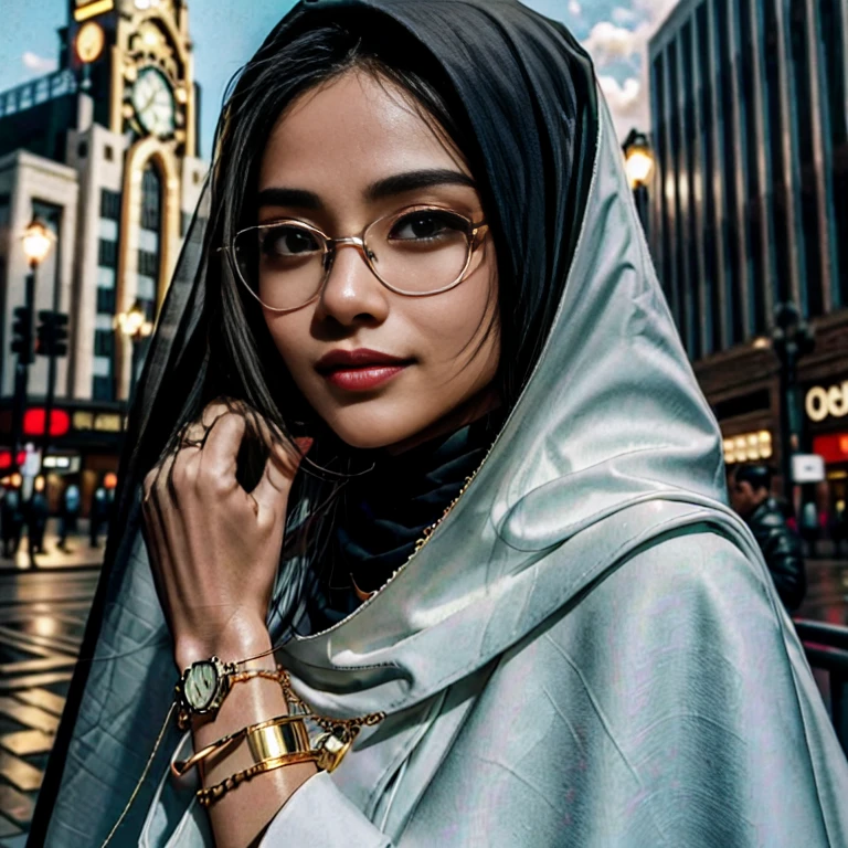 Beautiful glasses sexy Malay girl aged 20 years, olive skin, sharp nose, thin lips, oval face, sharp girl, neat hijab covering all her hair, wearing a white cloak combined with a glamorous black suit, long black trousers, a swiss polo golden watch, bangles, bracelets, necklace, holding a smartphone, seen from the front, full body, Old Trafford statue background, background looks so clear, street photography, realistic photos, 85mm lens, ultra HD, cinematic, very detailed, sharp focus, teasing smile, detailed lip, detailed eyes, detailed horny face