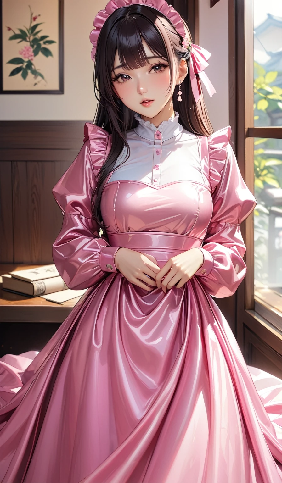(masterpiece,highest quality,超A high resolution),Japanese women, (((Very beautiful 25 year old girl))), pretty girl、The dress completely covers the whole body.、(Shiny pink long sleeve maid dress)、High-necked shirt、Long skirt