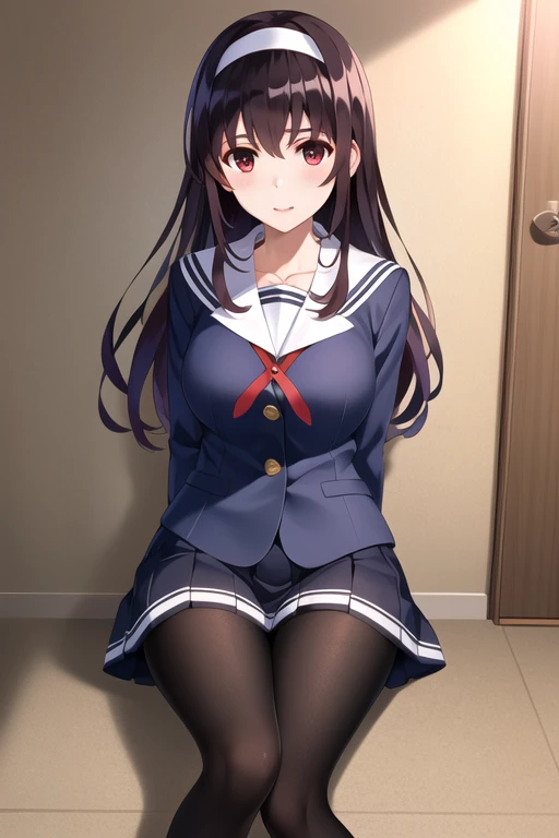masterpiece, best quality, highres, sailor collar, blue blazer, long sleeves, pleated skirt, blue skirt, black pantyhose, footjob