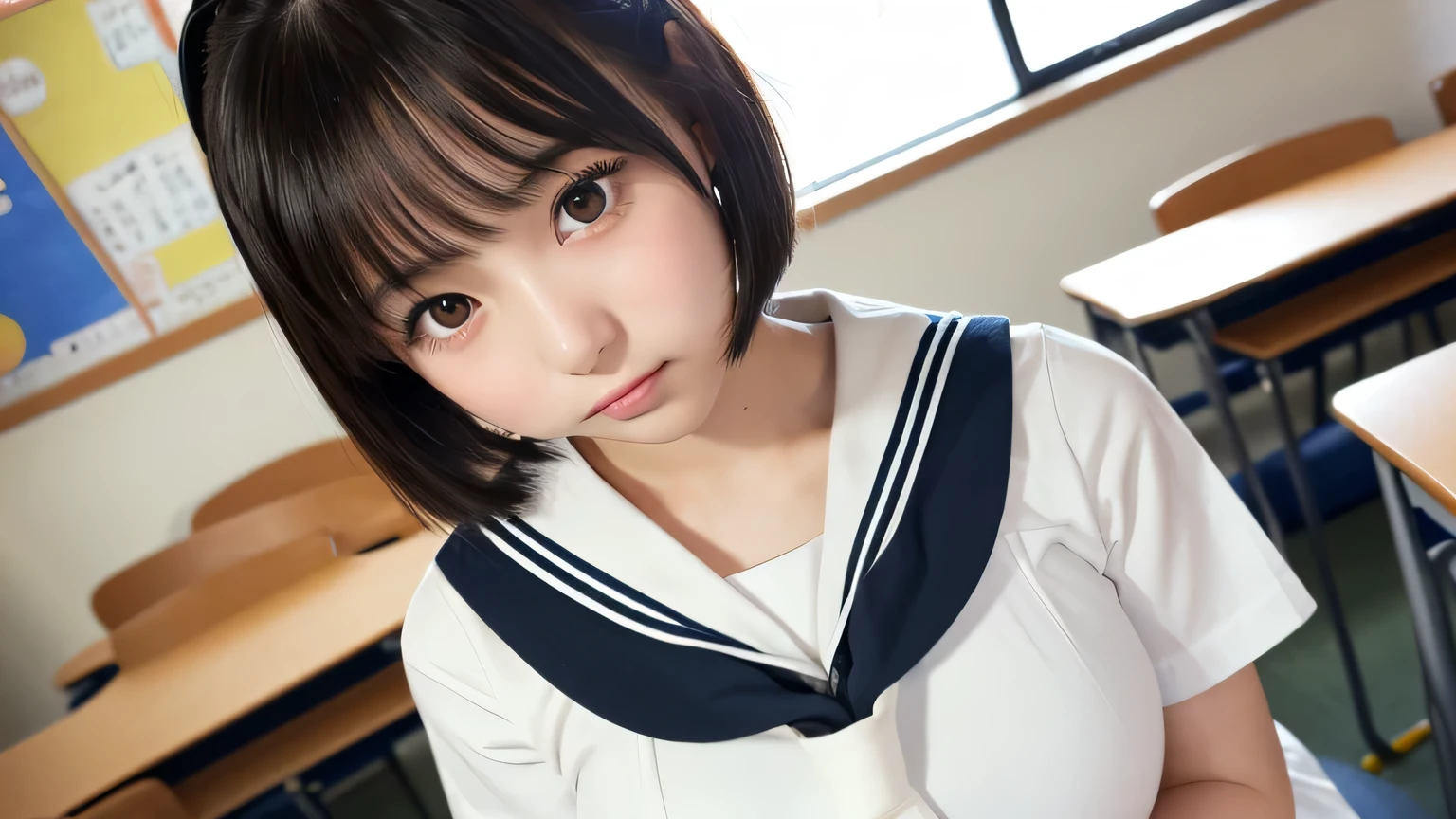 (1 Girl)、(Beautiful Japanese、18years old,round face、Refreshing、clear、seems kind、stylish、Pitiful、cute like an angel、cute、black eyes、,actress,Almond-shaped eyes,Translucent white skin、Beautiful skin), Good style , (((Beautiful big breasts:1.2))),(((soft breasts))),(very cute),(Black hair),(short bob hair),(enchanting eyes),(highlight on eyes:1.2)、(8K、Live shooting、highest quality、masterpiece:1.2、optimal lighting)、((masterpiece)),(Photo taken by a professional photographer),(real、photo real:1.4),break,{ (Cute Japanese high school sailor uniform),((Cute Sailor Suit:1.2))},(cheeks are red:1.3), break, break,Face shot:1.3、 face close-up、(Cleavage:0.7)、,From below,(high school),(tear:1.4),Staring with tearful eyes、Japanese school、(((classroom)))、(((machine))),(((Very embarrassed)))、(((dynamic angle))),sitting,(((Taking classes)))、Sit in front of the viewer