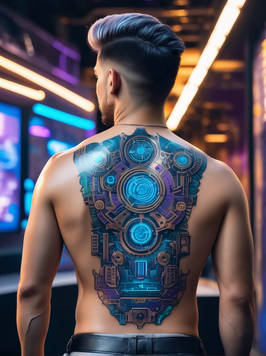 View from behind，Turn your back to the audience，A close-up view of a detailed cyberpunk-themed back tattoo，Tattoo located in the center of the back，Starts from the upper trapezius muscle and extends to the waist，Design includes gears，Digital circuits，Elements and future urban landscapes，It reflects the fusion of mechanical and digital aesthetics in the cyberpunk genre，Colors include neon blue，Purple and metallic silver outline，The surrounding skin is clean and healthy，Presents a sharp contrast between organic and inorganic elements，European man&#39;s back