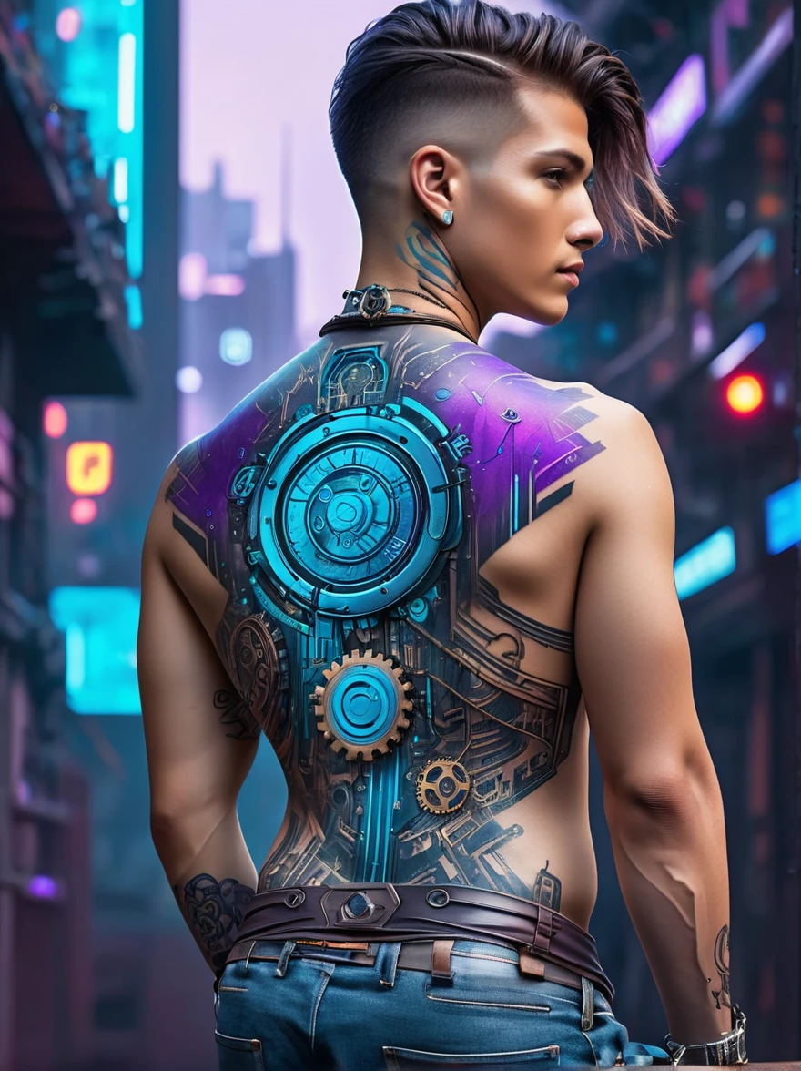 View from behind，Turn your back to the audience，A close-up view of a detailed cyberpunk-themed back tattoo，Tattoo located in the center of the back，Starts from the upper trapezius muscle and extends to the waist，Design includes gears，Digital circuits，Elements and future urban landscapes，It reflects the fusion of mechanical and digital aesthetics in the cyberpunk genre，Colors include neon blue，Purple and metallic silver outline，The surrounding skin is clean and healthy，Presents a sharp contrast between organic and inorganic elements，European man&#39;s back