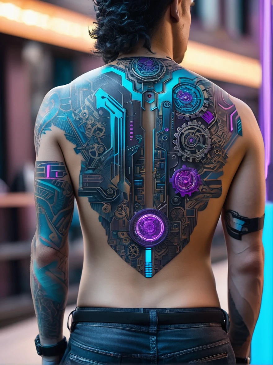 View from behind，Turn your back to the audience，A close-up view of a detailed cyberpunk-themed back tattoo，Tattoo located in the center of the back，Starts from the upper trapezius muscle and extends to the waist，Design includes gears，Digital circuits，Elements and future urban landscapes，It reflects the fusion of mechanical and digital aesthetics in the cyberpunk genre，Colors include neon blue，Purple and metallic silver outline，The surrounding skin is clean and healthy，Presents a sharp contrast between organic and inorganic elements，European man&#39;s back