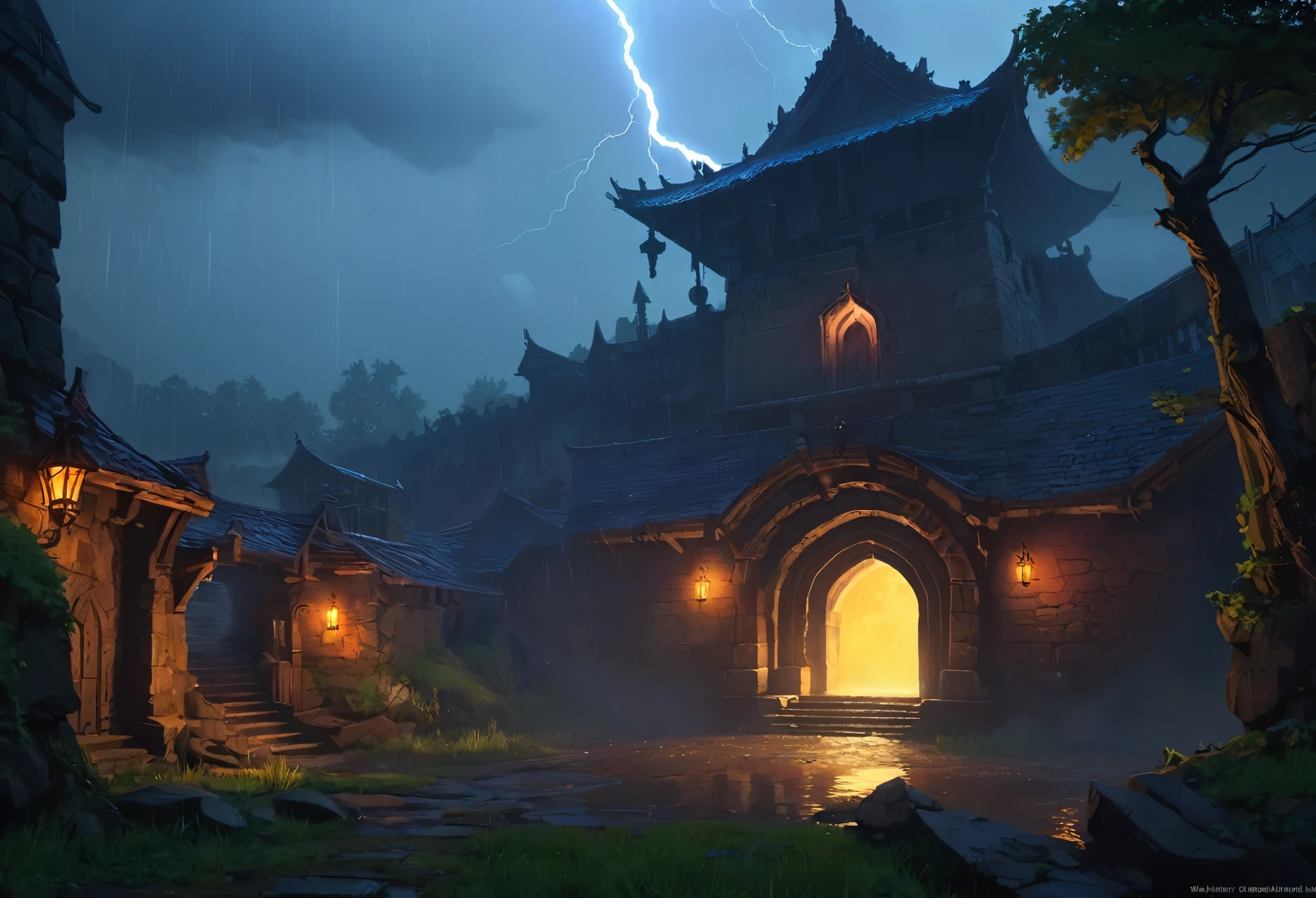 digital painting, игровая location, location из игры, dungeon из игры, location, игровая location, голубая location, location в синих тонах, Rain in the background, glow in the background, игровая location, cute style, большая location, chest in the distance, rain and glowing effects in the background, fog in the foreground with glow effects, Dungeon, dungeon, colorful, No characters, no characters, только location, cute style, anime style, Lots of space, большое dungeon, the forest, lightning, lightning flash, эффекты lightning, no buildings, the forestная location, мрачная игровая яркая сияющая location