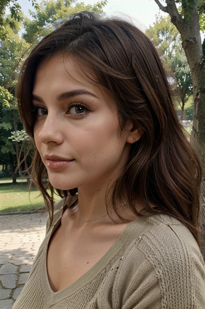 Italienne 25 ans yeux marrons cheveux long brune de profil d2ns un parc arbre lac