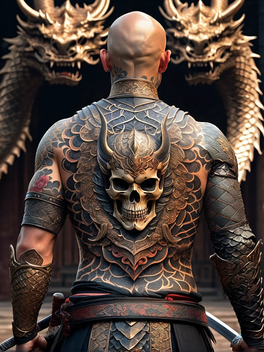 An intricate tattoo pattern spreads across the entire back，Center of pattern，A fierce warrior wearing traditional armor，Gripping the Katana，Ready to fight，On one side of him is a giant skull，Empty eyes，Symbolizes death and the brevity of life，On the other side is the terrible dragon，Dragon scales sparkle，There&#39;s a strong fire in my eyes，Symbolizes strength and wisdom，These patterns are related to each other，seamless transitions，It constitutes a magnificent work of body art