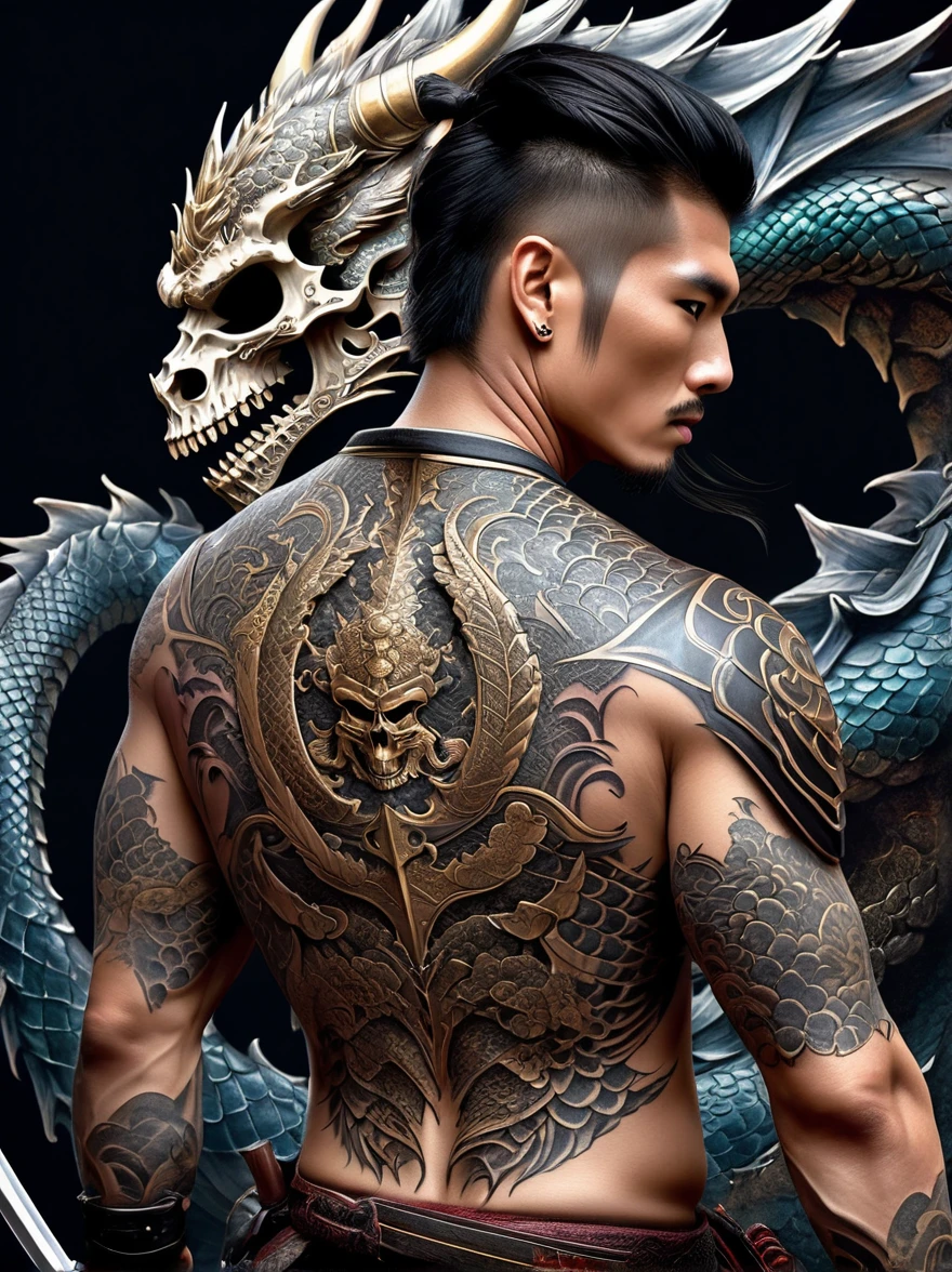 An intricate tattoo pattern spreads across the entire back，Center of pattern，A fierce warrior wearing traditional armor，Gripping the Katana，Ready to fight，On one side of him is a giant skull，Empty eyes，Symbolizes death and the brevity of life，On the other side is the terrible dragon，Dragon scales sparkle，There&#39;s a strong fire in my eyes，Symbolizes strength and wisdom，These patterns are related to each other，seamless transitions，It constitutes a magnificent work of body art