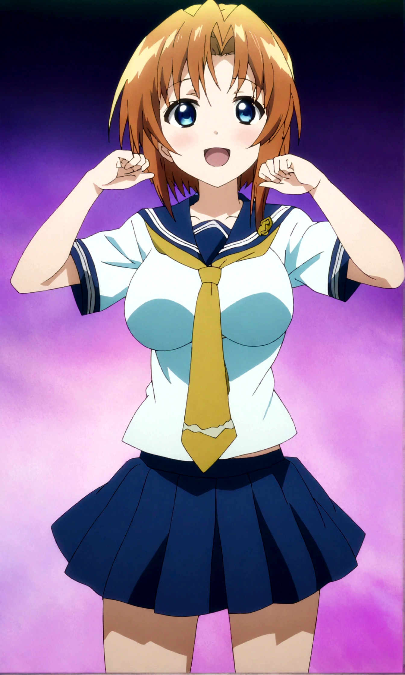  score_9, score_8_up, score_7_up, score_6_up, source_anime, , 1girl, ryuuguu rena, solo, teenage, kawaii, breasts, medium breasts, blue eyes, blush, open mouth, orange hair, short hair, big breasts, simple background, white background, blue , serafuku, skirt, smile, pleated skirt, blue skirt, necktie, yellow necktie,gaw pose,straight-on,anime screencap, anime coloring,(best quality),(aesthetic,very aesthetic),anime keyvisual,sharp focus,depth of field,,professional lighting,cinematic lighting,