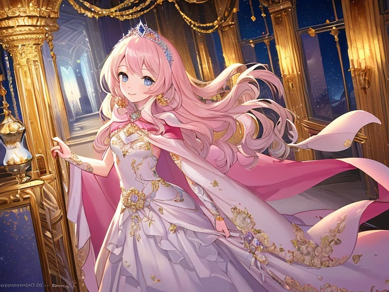 (kawaii),(best quality),(ultra detailed),(rococo style),(long train pastel pink cape:1.15), very long cape,(long train white ball gown with flower decorations:1.1), a girl is wearing a cape over her gown,(she has a western style fan:1.05), 1 little princess, tiara, smile, very long hair, small breasts, beautiful detailed eyes, beautiful detailed lips
