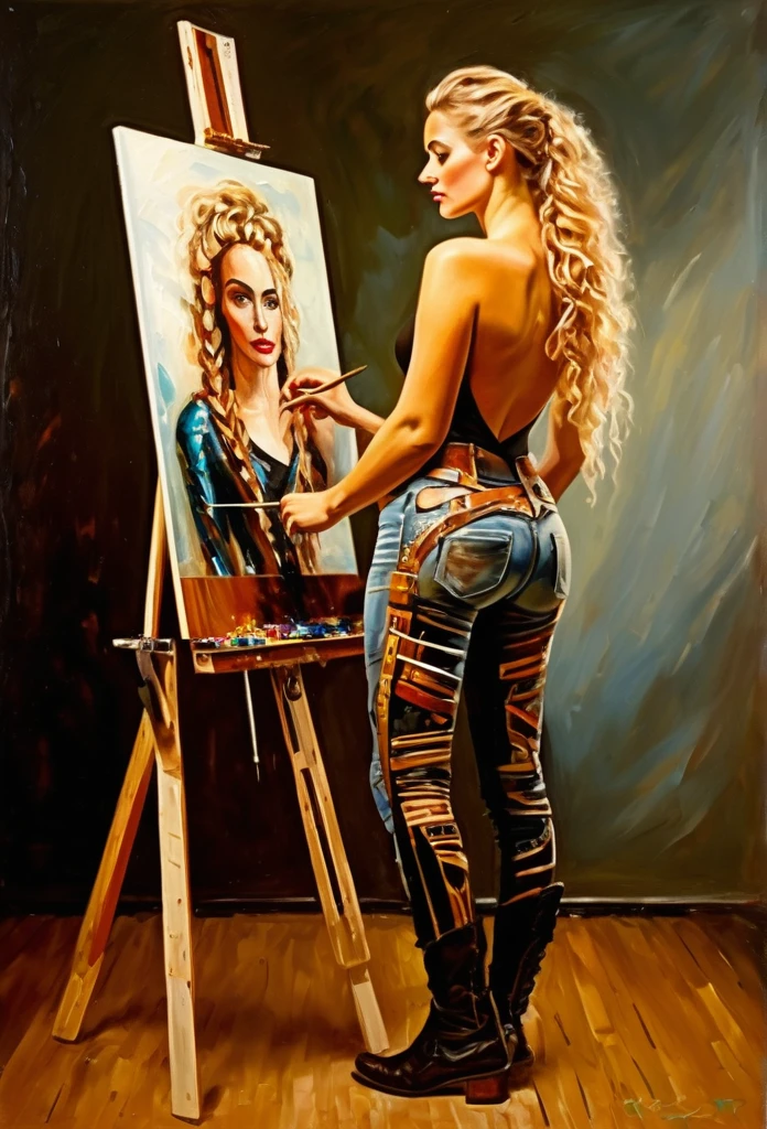 The easel, the paints, the artist, standing Full-length, Sexy naked woman drawing self-portrait in oil paints, french braid, blonde hair