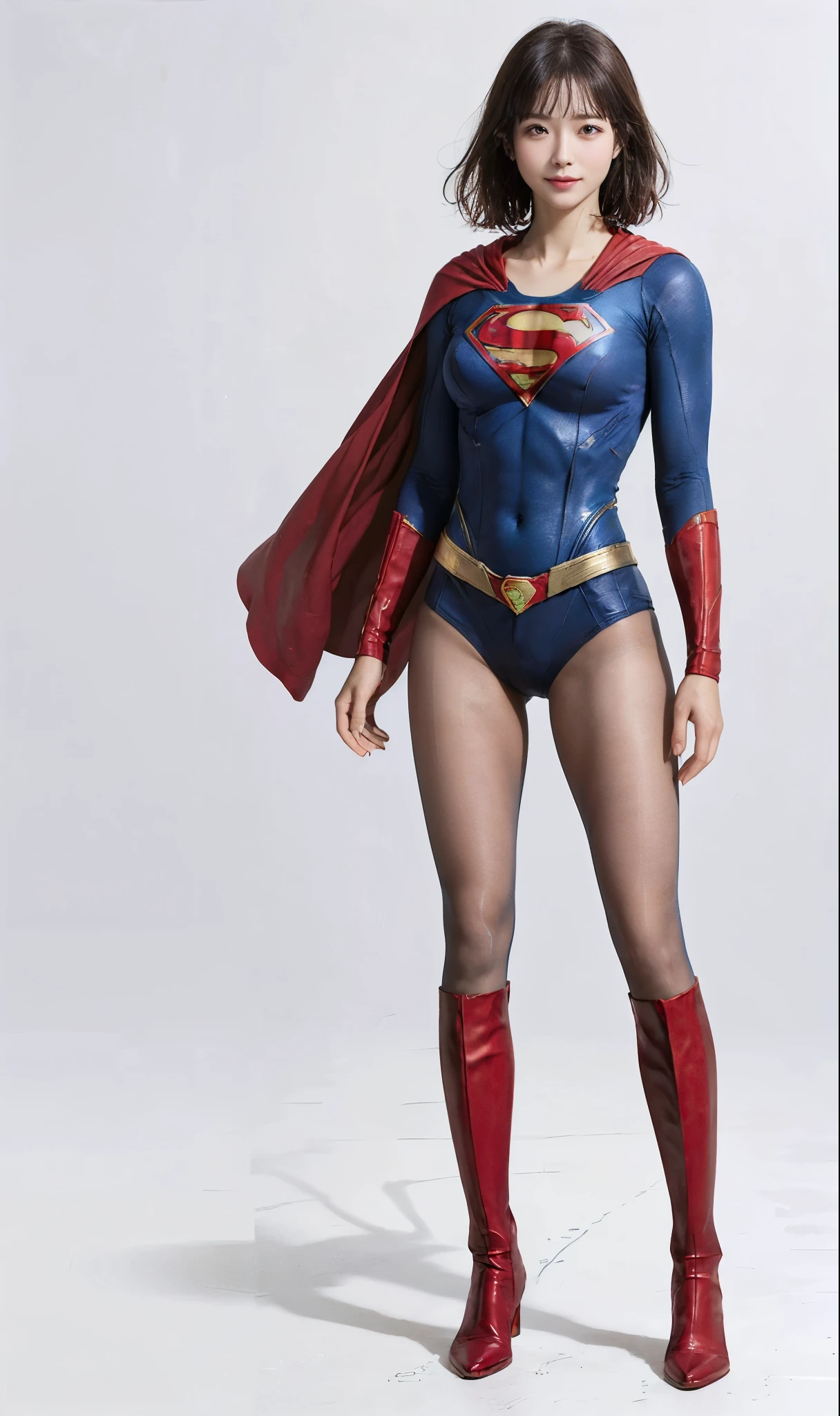 No background、(((Beautiful legs in black tights.)))、(((Legally express the beauty of your smile)))、((((Make the most of your original images)))、(((Supergirl Costume)))、(((Beautiful short bob hair)))、(((suffering)))、(((Please wear black tights....、Wear red boots)))、((Best image quality、8k))、((highest quality、8k、masterpiece:1.3))、(((Preserve background )))、Sharp focus:1.2、Beautiful woman with perfect figure:1.4、Slim Abs:1.2、Wet body:1.5、Highly detailed face and skin texture、8k