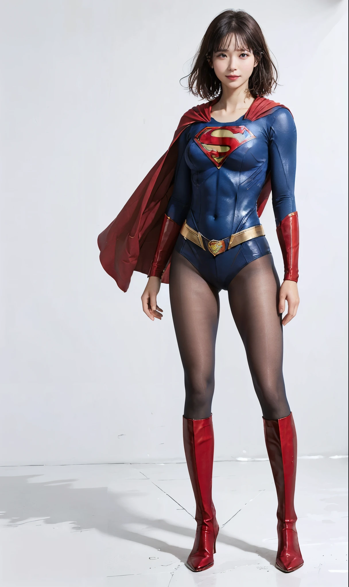 No background、(((Beautiful legs in black tights.)))、(((Legally express the beauty of your smile)))、((((Make the most of your original images)))、(((Supergirl Costume)))、(((Beautiful short bob hair)))、(((suffering)))、(((Please wear black tights....、Wear red boots)))、((Best image quality、8k))、((highest quality、8k、masterpiece:1.3))、(((Preserve background )))、Sharp focus:1.2、Beautiful woman with perfect figure:1.4、Slim Abs:1.2、Wet body:1.5、Highly detailed face and skin texture、8k