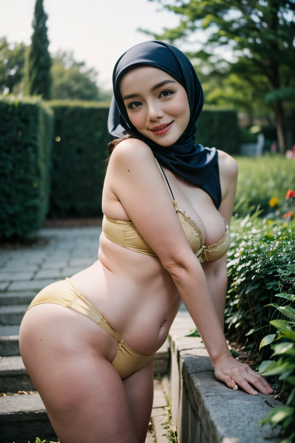 Malay hijab girl wearing undersize tuscany yellow color satin bra and panties portrait photography, mid shot photo, ultra detail, professional photograph with professional lighting, smile, at the garden, outdoor background, sexy seducing pose, curvy body, butt focused angle