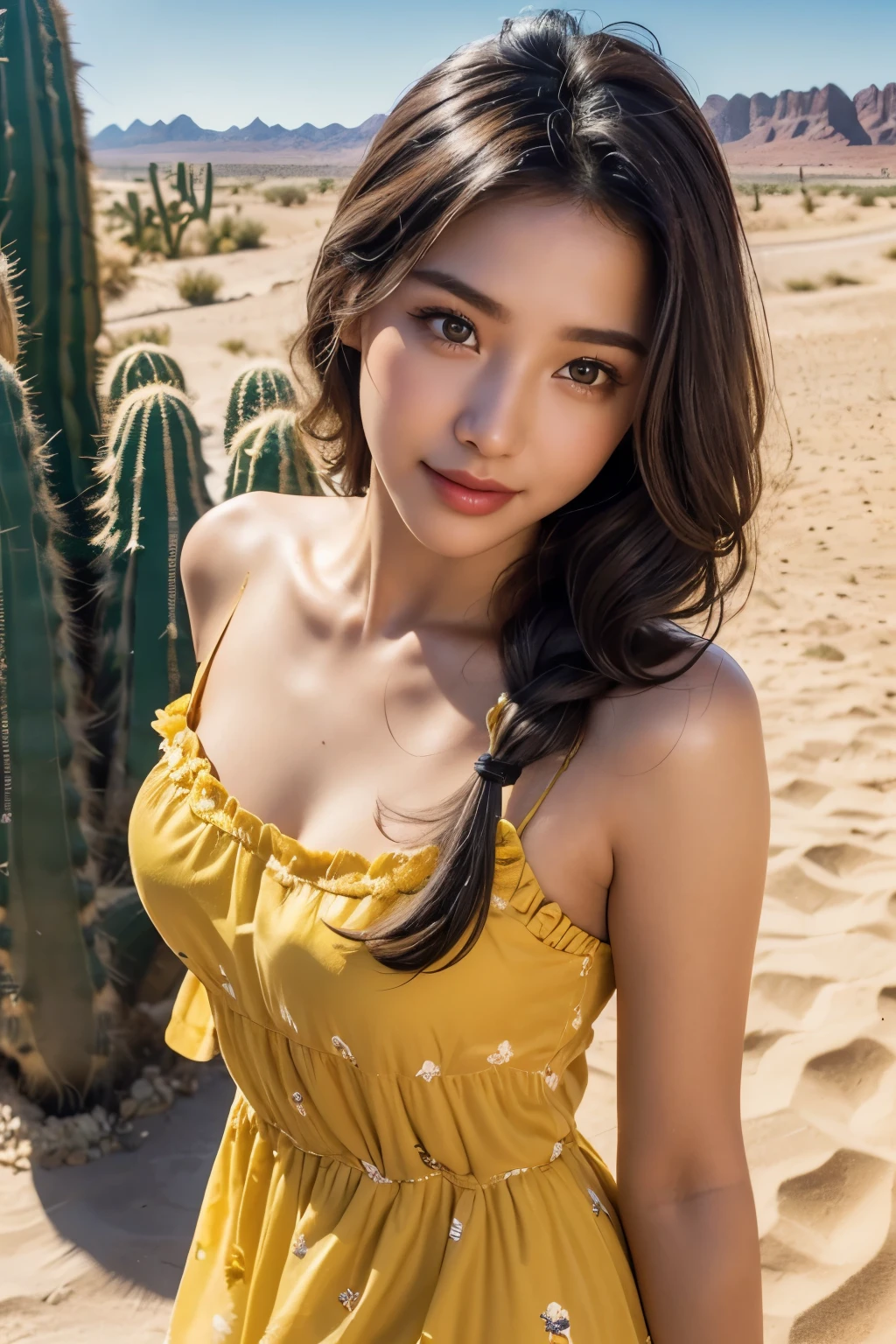8K, best quality, very detailed:1.37), Eliana, ((18 years)), beautiful asian girl, (sahara desert), ((flat desert view)), (((motorway))), ((cactus)), (sand surface), (desert sand), ((Evening Light)), (Beautiful Luxury Floral Yellow Sundress), ((Luxurious yellow floral color dress)), High-resolution images capture extremely detailed realism., highlighting Eliana's determined expression, piercing eyes, And a confident attitude, Adds authenticity and meaning to images.. This visually striKing representation showcases Eliana's strength and dedication as a Beauty, cute Knees, cactus, beautiful smile 1:2, ((detailed face)), ((perfect body)), ((detailed hair)), ((detailed dress)), K, stylish pose, (Big ice cube in bacKground),  