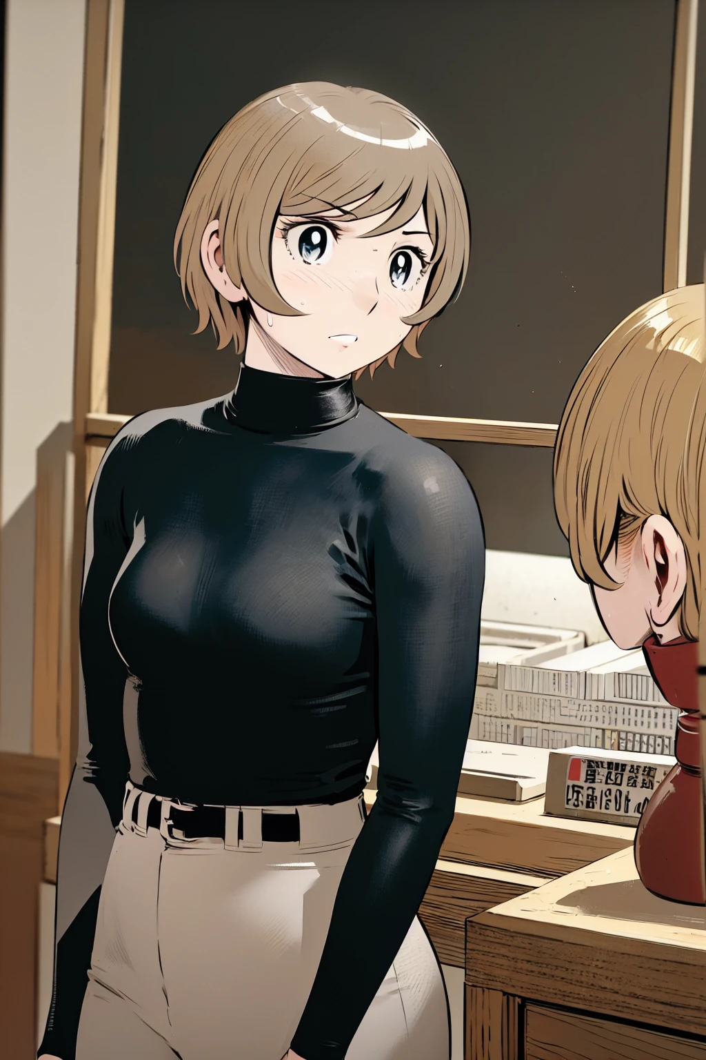 (野球uniform:1.2),
Blonde Hair, (short hair:1.2),Long sleeve, Black Shirt, turtleneck,White trousers、uniform、Black Belt、
View Viewer,, (highest quality:1.3),One girl, Long sleeve、turtleneckアンダーシャツ，White pants、uniform、Outdoor、baseball Ground、Ground、soil、blue eyes、Tight black shirt、(masterpiece、highest quality)、highest quality, Ultra-high resolution, (((masterpiece))), alone, Sweat、Big eyes、One Girl, Front view、Embarrassed face、Bronze colored hair、((short hair))